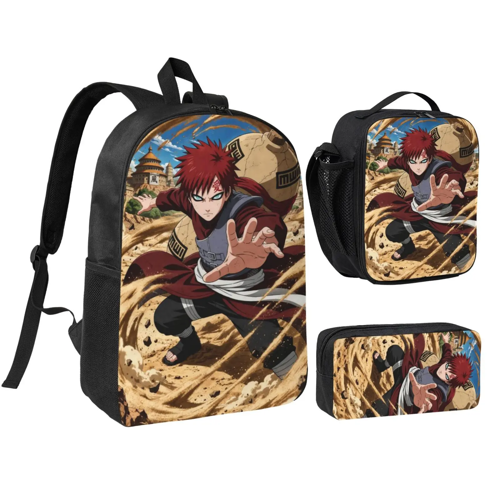Anime Gaara 3Pcs School Backpack Set for Teens Boys Girls, Adjustable Strap Kids Bookbag with Insulated Lunch Bag & Pencil Case, Lightweight Travel Office Daypack, Polyester, Unisex, Character Art, Waterproof