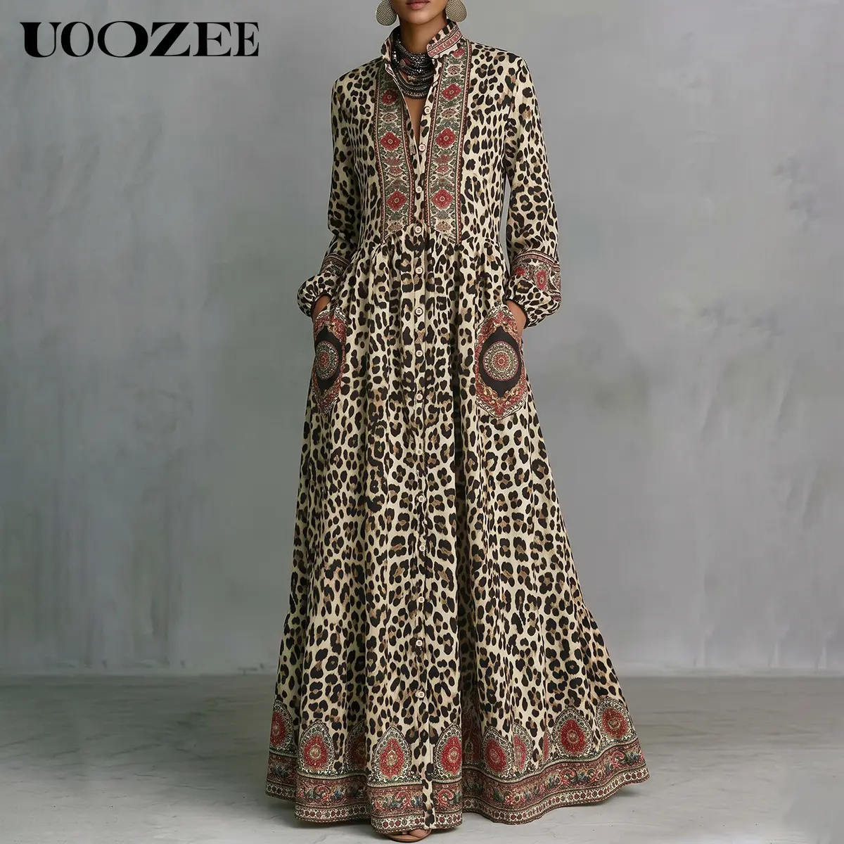 UOOZEE Women's Boho Leopard Print Maxi Dress, Silky Satin Long Sleeve Stand Collar Button Down Gown, Flowy Smart Casual Style with Pockets, Smooth, Tropical, Paisley, Polyester, Office Wear, Graphic, Hoop, Flat, Garments, Fitted