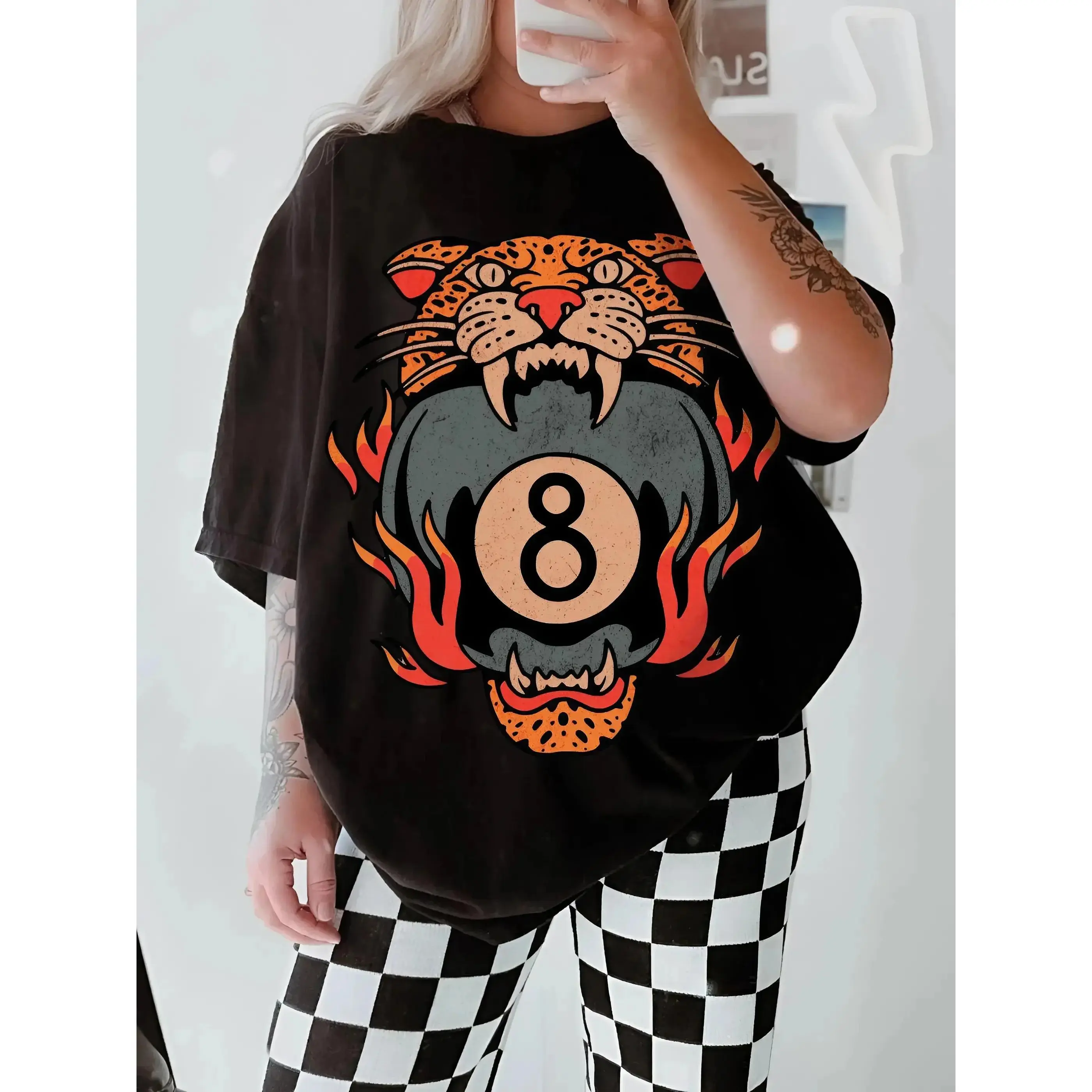 Women's Grunge Leopard Print Graphic T-Shirt - Smooth Soft Solid Lightweight Cotton Casual Short-Sleeve Round-Neck Women's Clothing Streetwear Sports Top