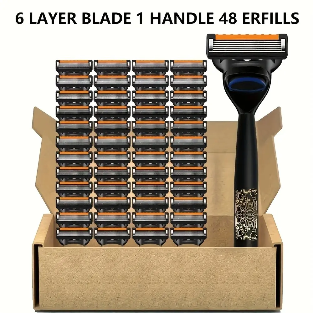 1 Handle+48 Blades, Replaceable Blade, Men's 6-story Manual Shaver, Body Groomer Shaver, Anti Slip Handle, Reusable Blades, Dual-Use Dry and Wet, Anti-Scratch Design, Clean Shave, Durable, Smooth, Recommended for Home and Travel