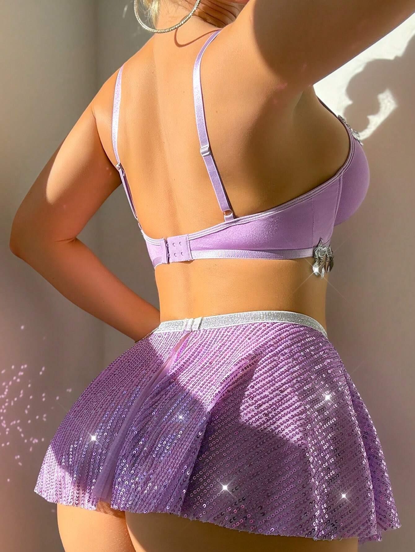 European and American Style Pure Desire Solid Color Camisole Top with Bowknot Sequin Short Skirt and Fishnet Stockings Lingerie Set Womenswear Comfort