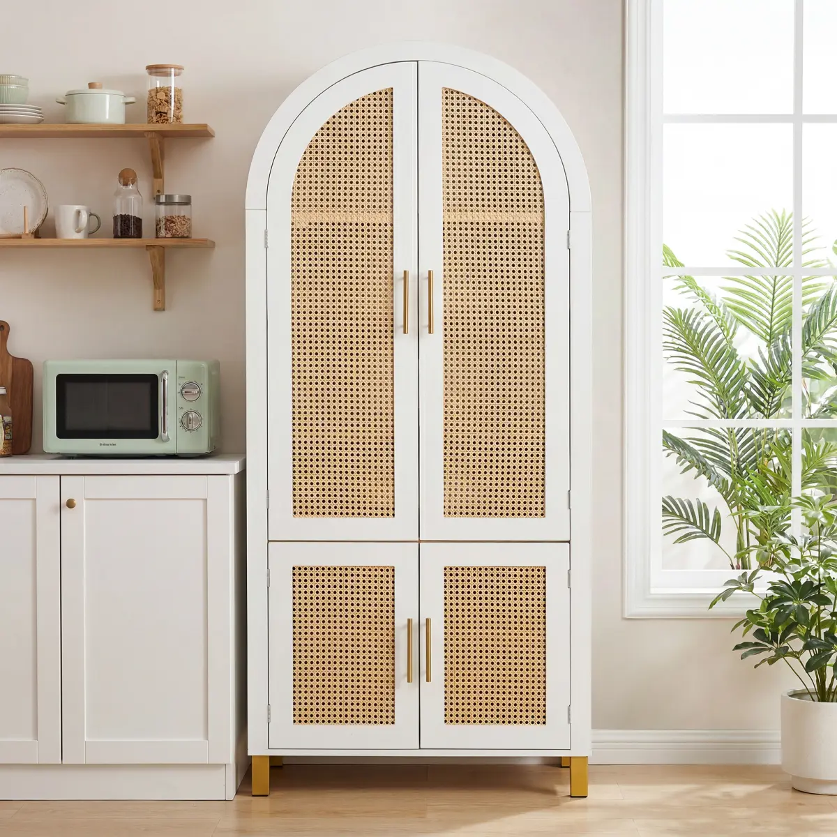 [Bellemave] 71" Tall Arched Cabinet with Rattan Doors & Adjustable Shelves,4 Doors Modern Farmhouse Storage Cabinet with Built-in Racks for Kitchen, Dining Room, Study