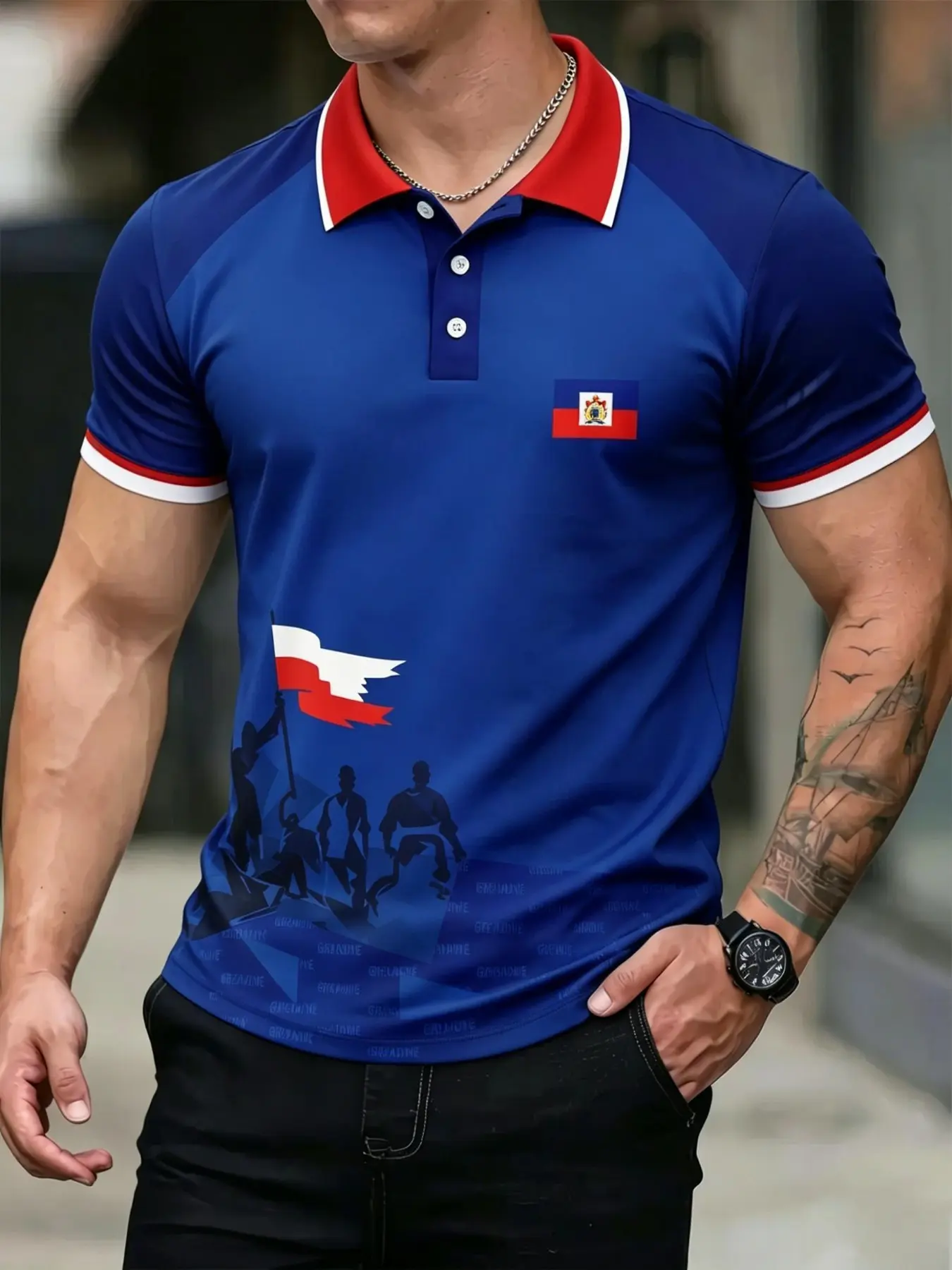 Men's Haiti Style Flag Print Polo Shirt, Casual Loose-Fitting Short Sleeve, All Seasons, Patriotic Design, Essential Men's Fashion