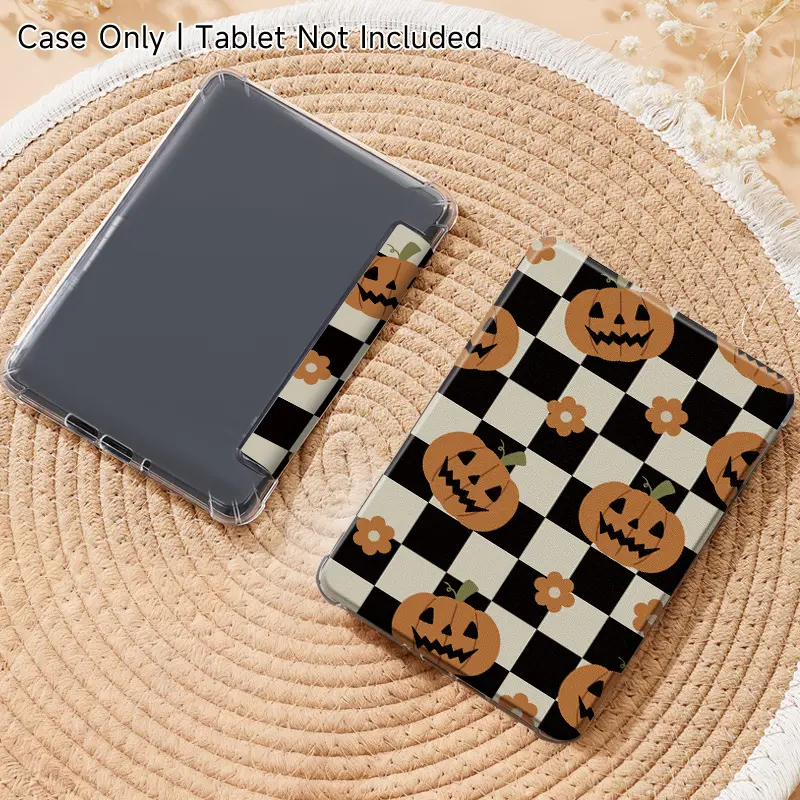 Black White Checkerboard Pumpkin Jack-o-lantern Kindle Case, Cute Halloween Small Flower Print E-Reader Protective Cover with Hand Strap, Auto Wake Sleep Slim Shell for Kindle Paperwhite 6in 6.8in 7in All Models Tablet