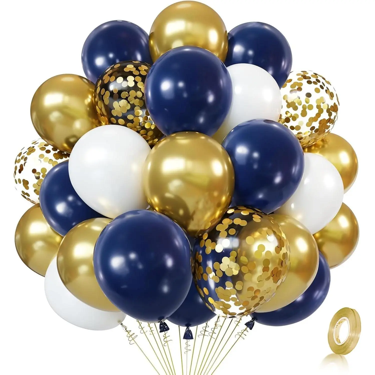50 Pcs 12 in Reflective Natural Latex Set - 15pcs Navy, Royal Dark Blue, Metallic Gold, White Balloons, Ribbon & Pump, Adult Anniversary Party Decor Bunch