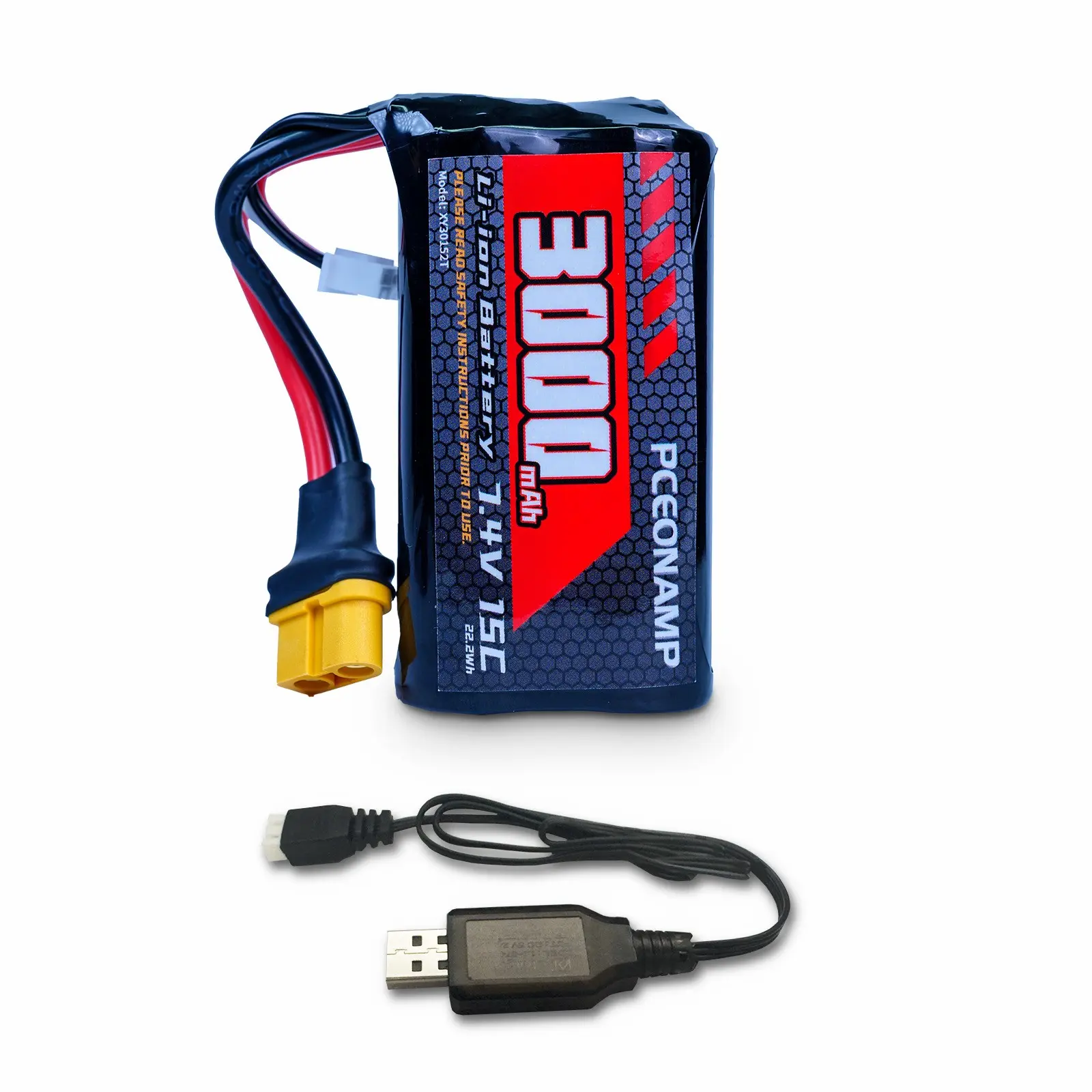 PCEONAMP 7.4V Li-ion Battery 3000mAh 2S with XT30 Plug Rechargeable High Capacity RC Battery fit for Huina 580 582 583 594 Remote Control Excavator with 1 USB Charger Cable