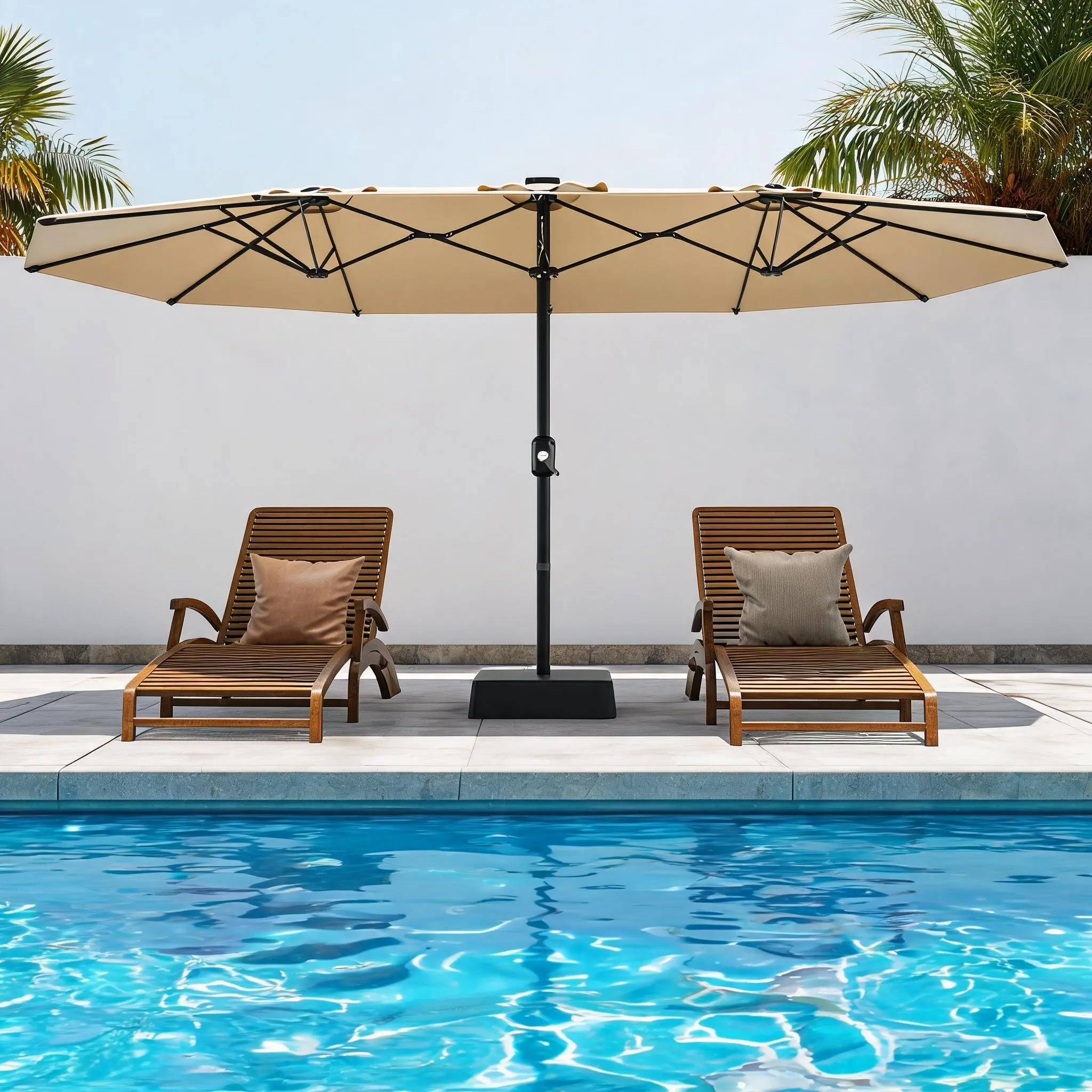 15FT Double-Sided Rectangular Patio Umbrella with Base – Large Outdoor Market Table Umbrella, Easy Crank, UV Protection, for Pool, Lawn, Garden, Backyard