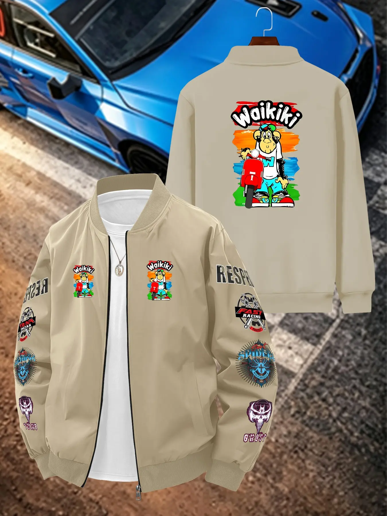 Cartoon Character Print Men's Casual Jacket, Coats, Long Sleeve Fitted Outerwear, Geometric Pattern, All Seasons, Plain Surface, Unlined