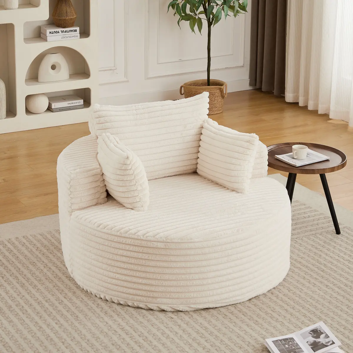 50"Oversized Round Chair Lounge Chaise Indoor Corduroy Sponge single sofa,No Assembly Required,Fluffy Modern Sleeper Chair for Living room, Bedroom, Lounge and Projection Room(Not a swivel chair.)