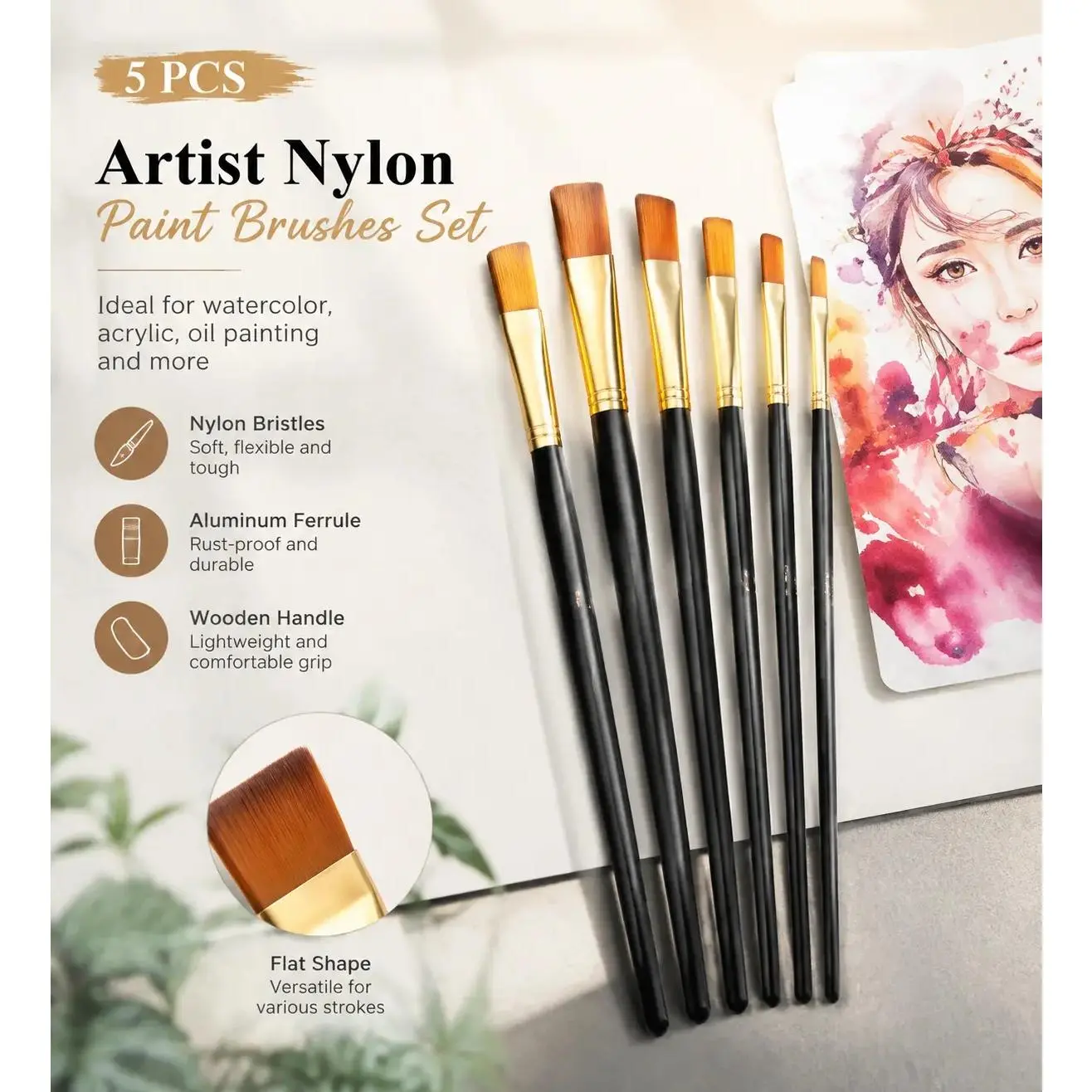 Back to school shopping 5‑Pack Nylon Artist Paint Brushes Set, Professional Multi‑Size Art Brushes for Watercolor Acrylic Oil Painting, Student Art Painting Supplies