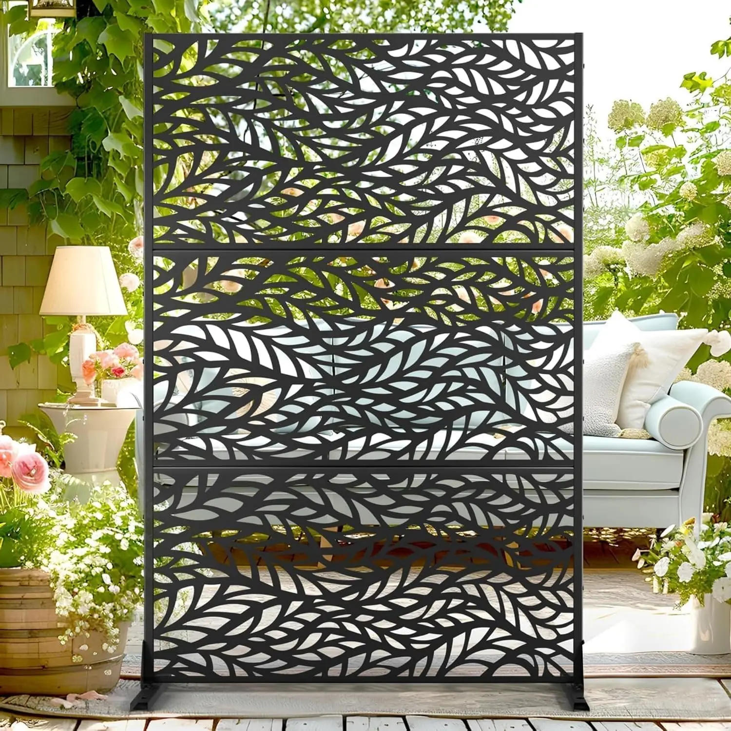 3 Panel Freestanding Metal Privacy Screen, Modern Weatherproof Black Decorative Partition, Freestanding Garden Divider for Patio Deck Balcony.