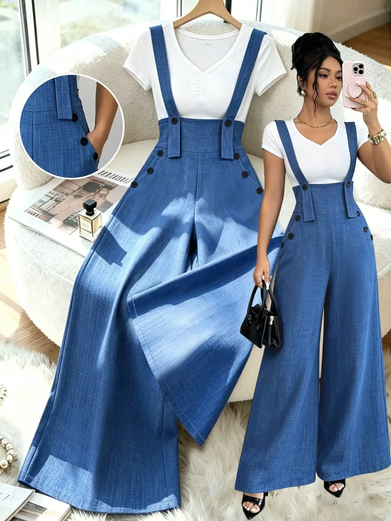 Women's High-Waisted Button Decorative Denim Style Romper, Casual Wide Leg Overall, Pure Blue Strappy Bell Bottoms, Comfortable & Stylish