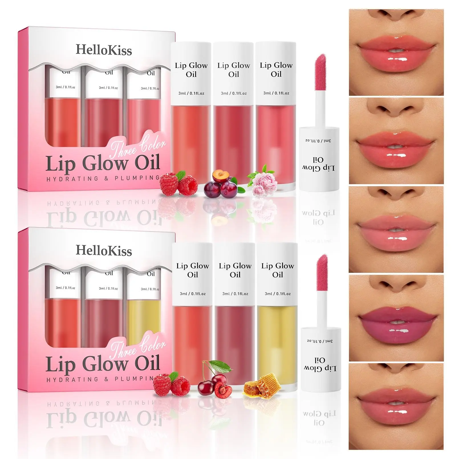 3-Piece Honey Cherry Lip Oil Set, Long-Lasting Hydration, Plumping & Moisturizing, Repairs Dry Lips, Glossy Multi-Color, Perfect Holiday Gift