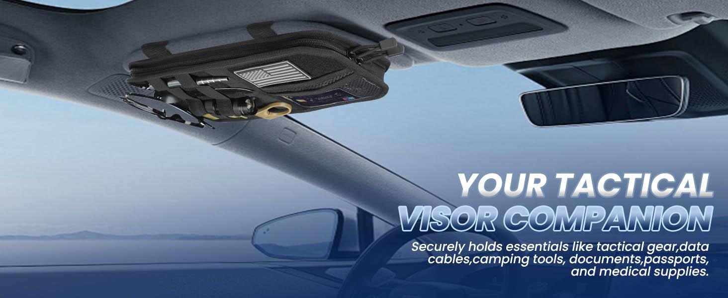 Molle Visor Organizer for Car, 1000D Polyester Tactical Panel Sun Glasses Holder with Zipper Pockets, Adjustable Straps for SUV Truck Pickup Patrol Car Sto