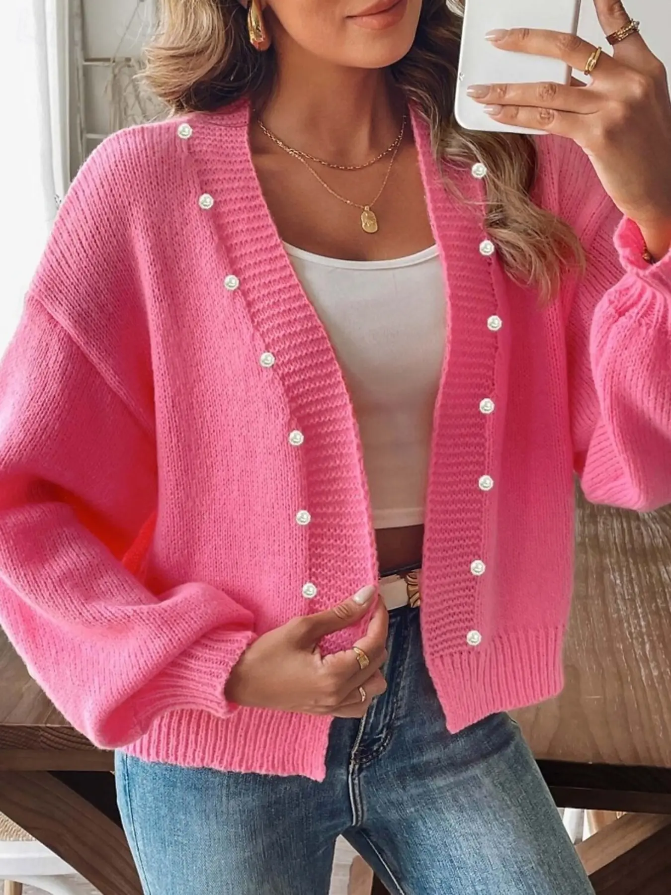Women's Pearl Button V-Neck Knitwear Cardigan, Loose Bubble Long Sleeve Drop Shoulder Soft Sweater Coat, Casual Daily Outerwear