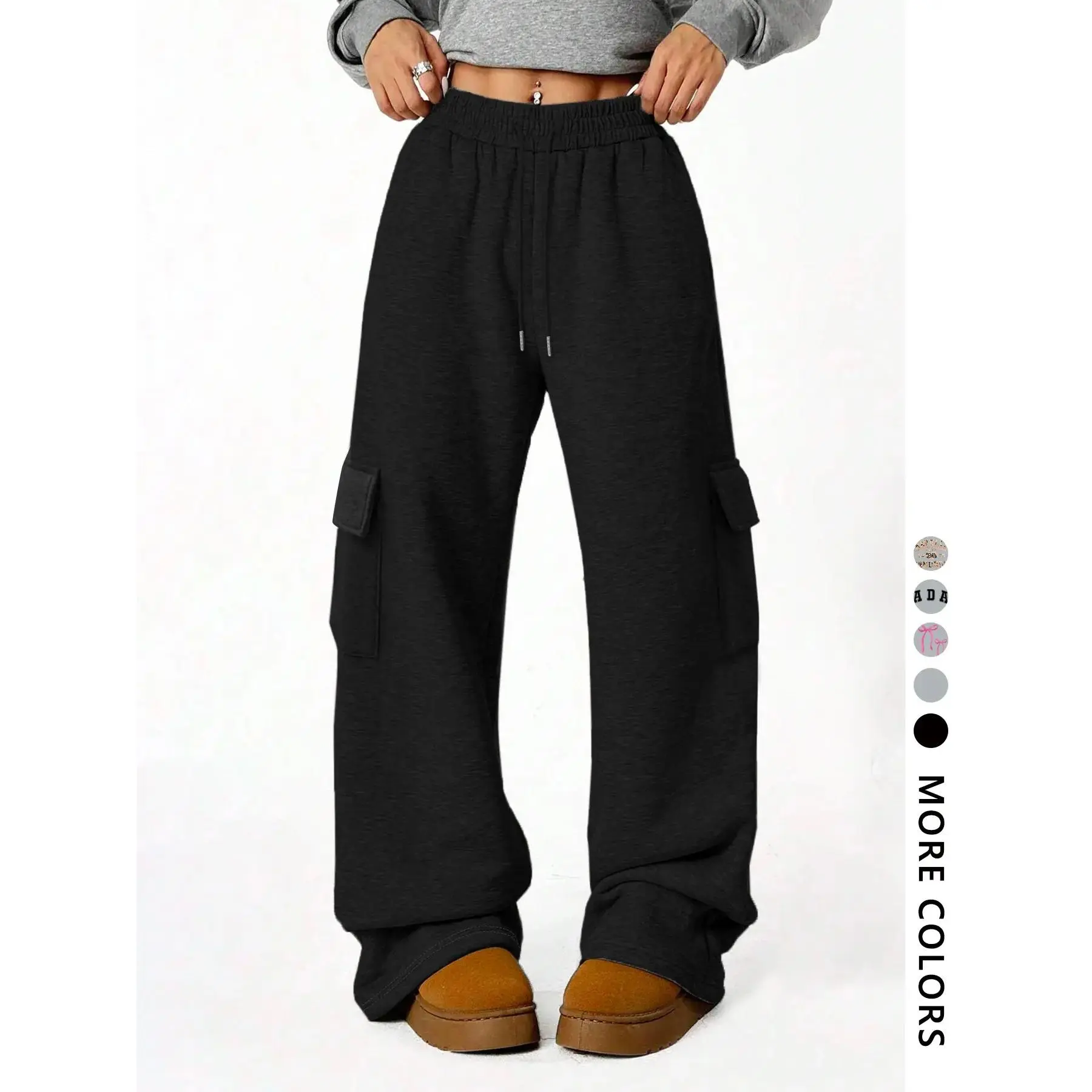 Women's Mid Rise Grey Cargo Sweatpants Joggers Comfy Soft Pocket Pants for Daily Wear, Wide sweatpants