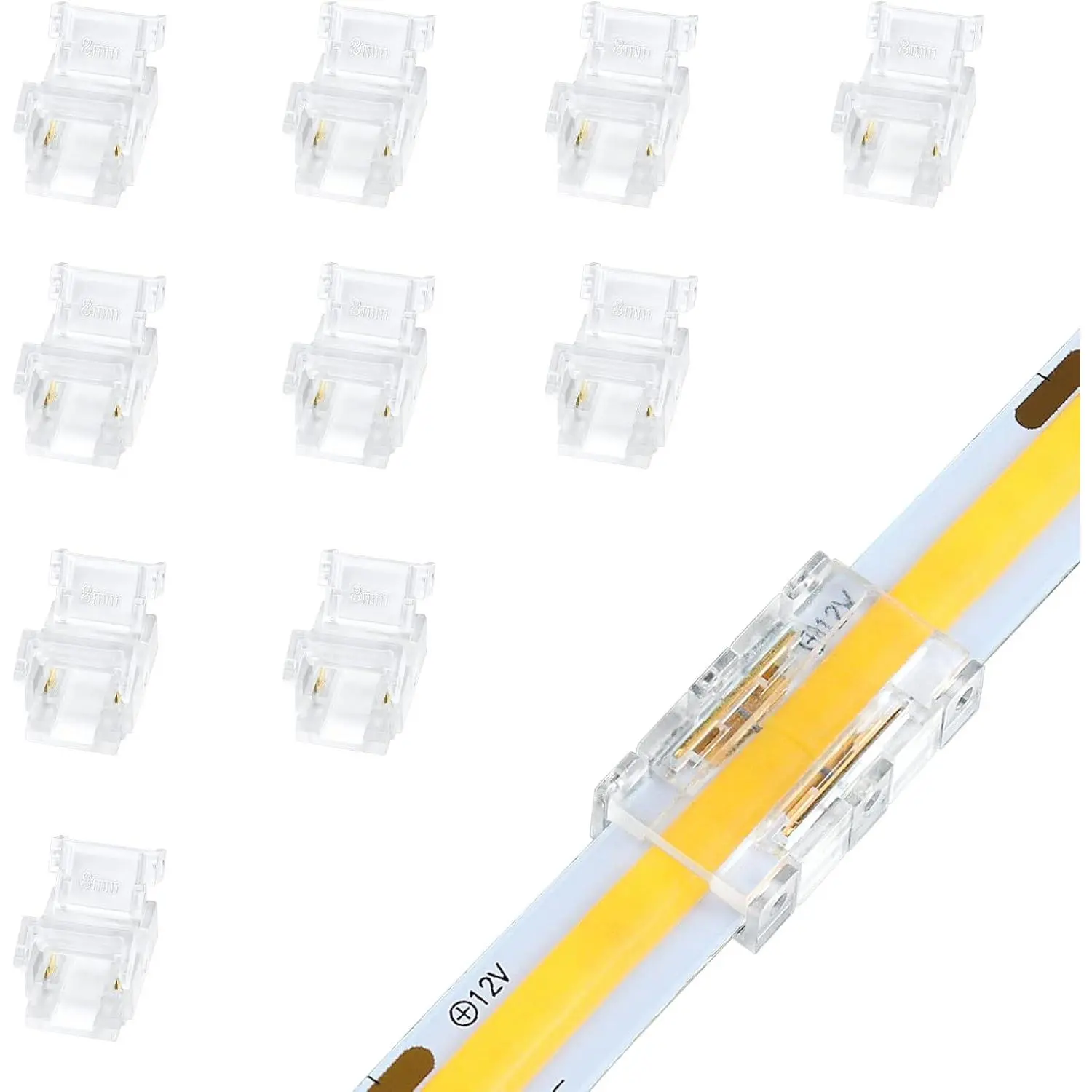 LED Connectors 2Pin 8mm, 10 count Strip to Strip Connector Transparent Solderless, Unwired Gapless Tape Light Connector, No Dark Area for COB/SMD 2835 3528 Single Color LED Strips