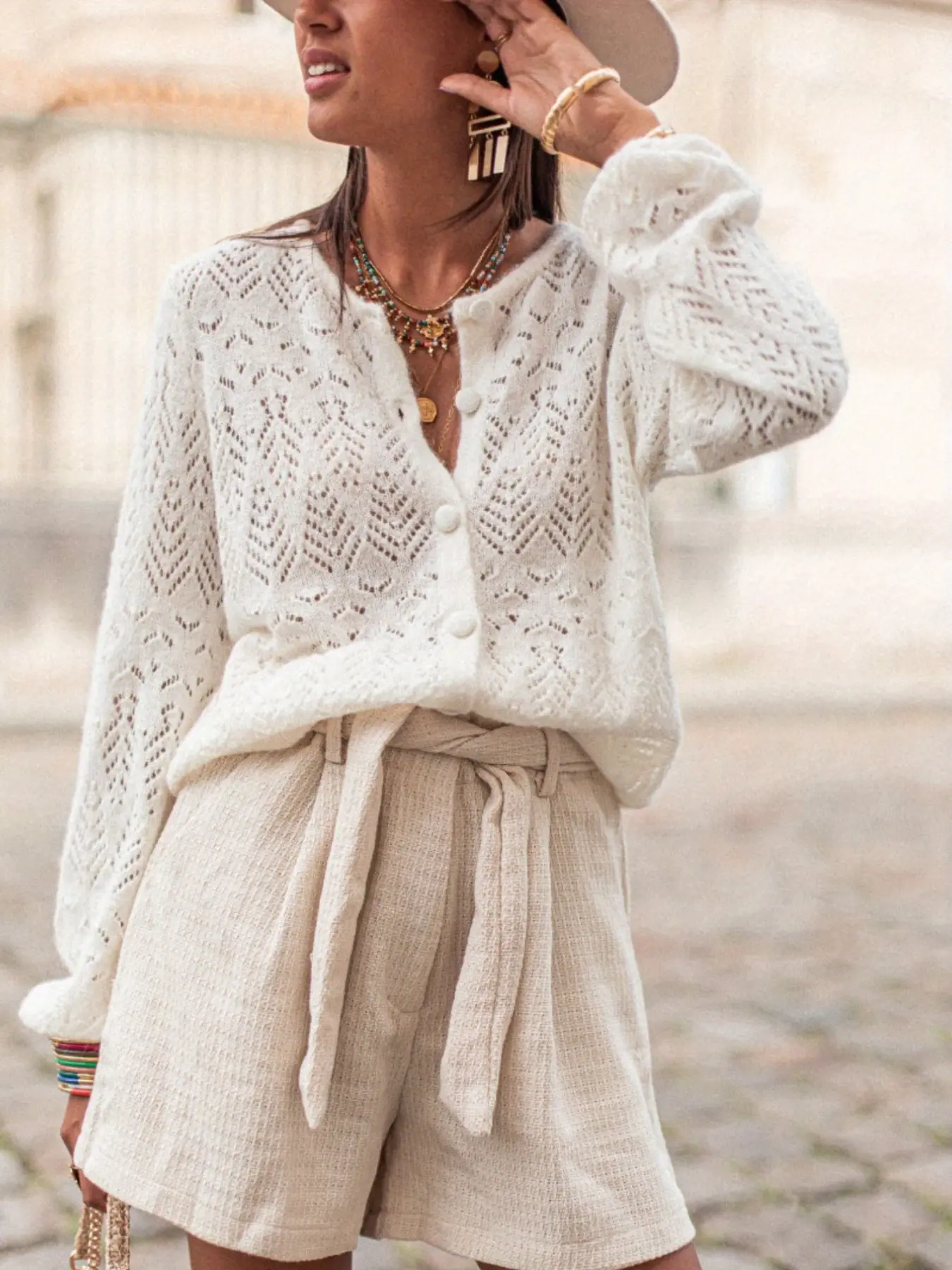 Women's Solid Crew Neck Cardigan, Casual Pointelle Button Down Long Sleeve Sweater, Women Fall & Winter Knit Coat, Knitwear