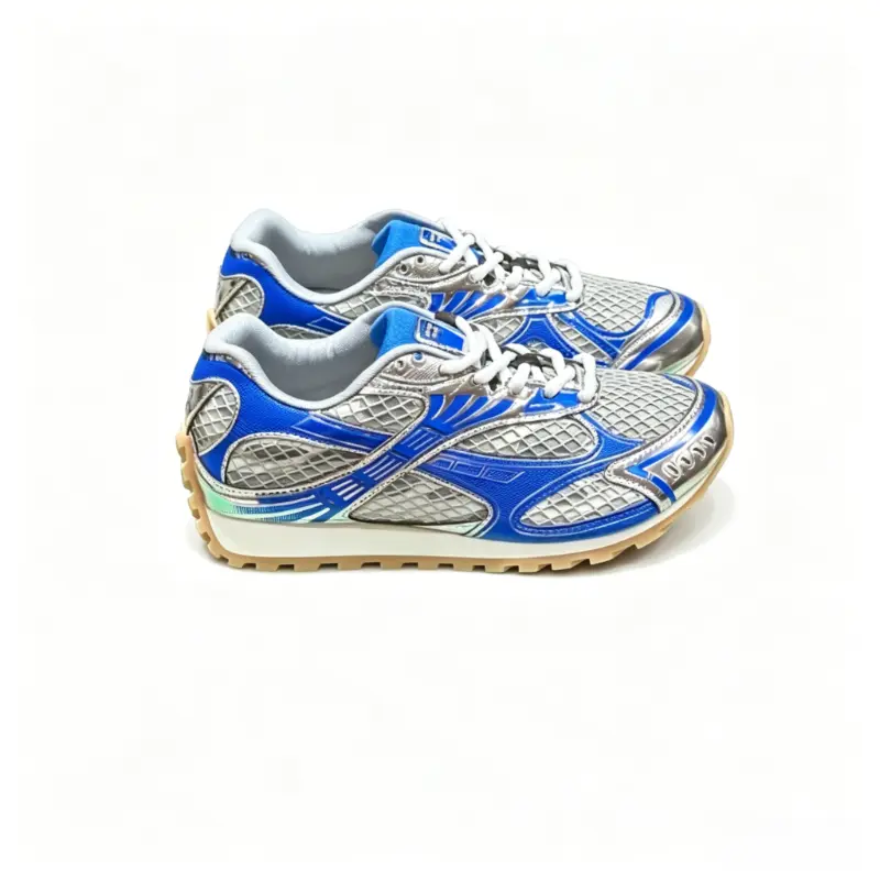 2026 Unisex Blue & Silver Metallic Mesh Retro Athletic Casual Sneakers - Premium Breathable Chunky Sole Streetwear Footwear, Sporty Chic Mesh Synthetics, Multi-Size Durable Lugged Rubber Sole, City Commute Casual Shoes, Metallic Accents, City Commutes, Ch