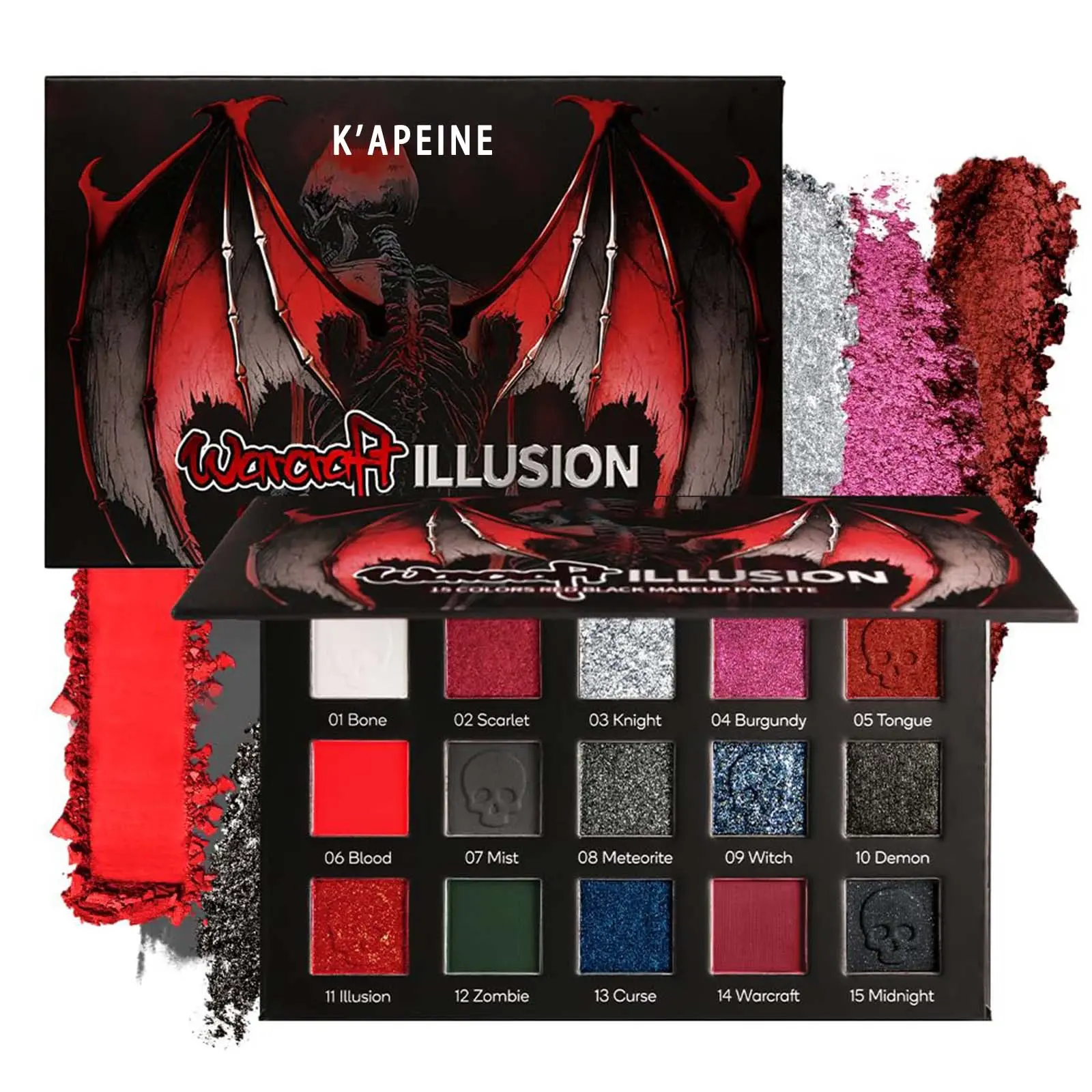 Red & black Powder Eyeshadow palette Eye Shadow Makeup with black-silver glitter. Burgundy smoky and creamy matte shades. Perfect for gothic, clown, vampire looks on Halloween and Christmas
