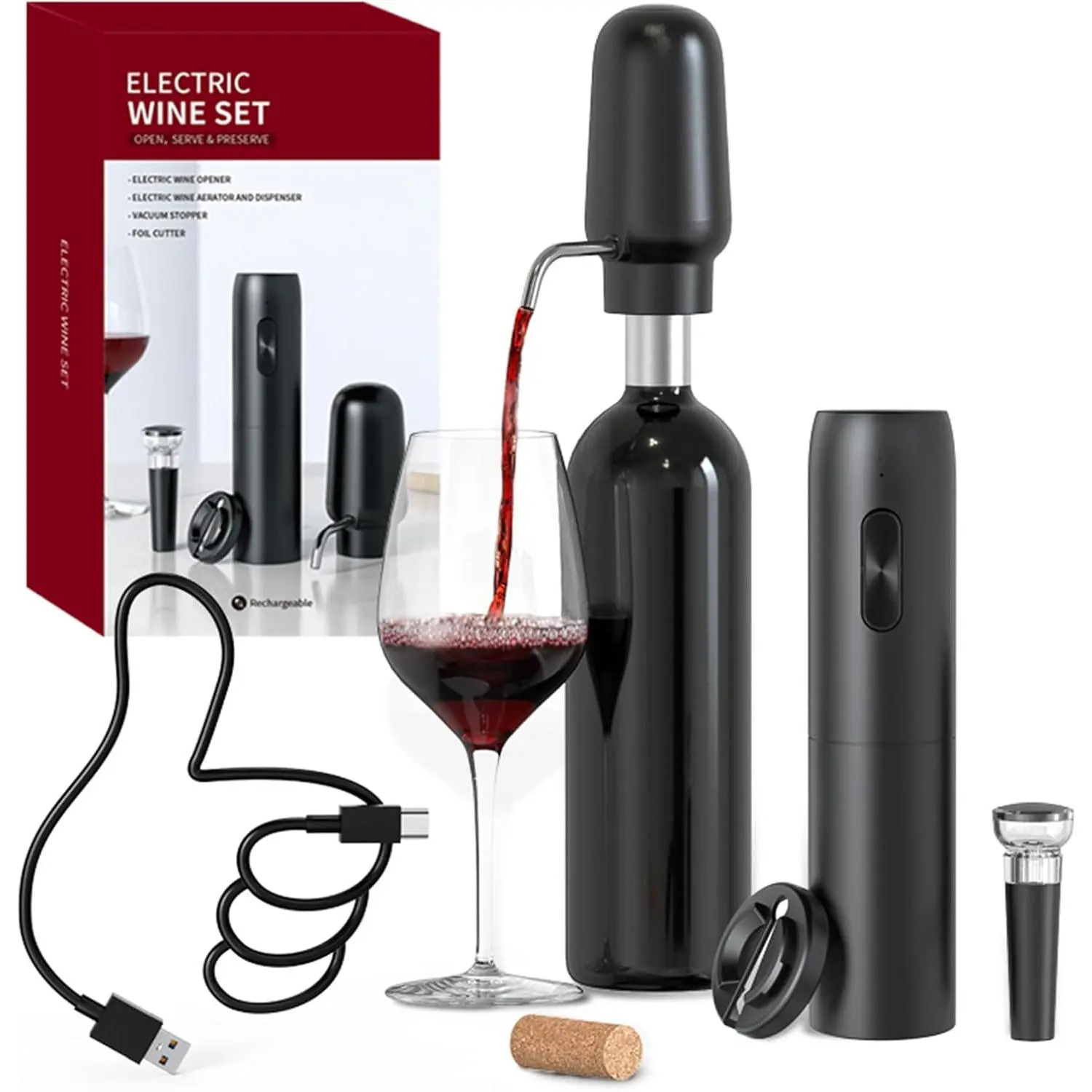 Electric  Opener Set 4-in-1 Automatic Corkscrew with Rechargeable  Aerator Pourer, , Vacuum  Stopper |   Box for  Lovers, Black
