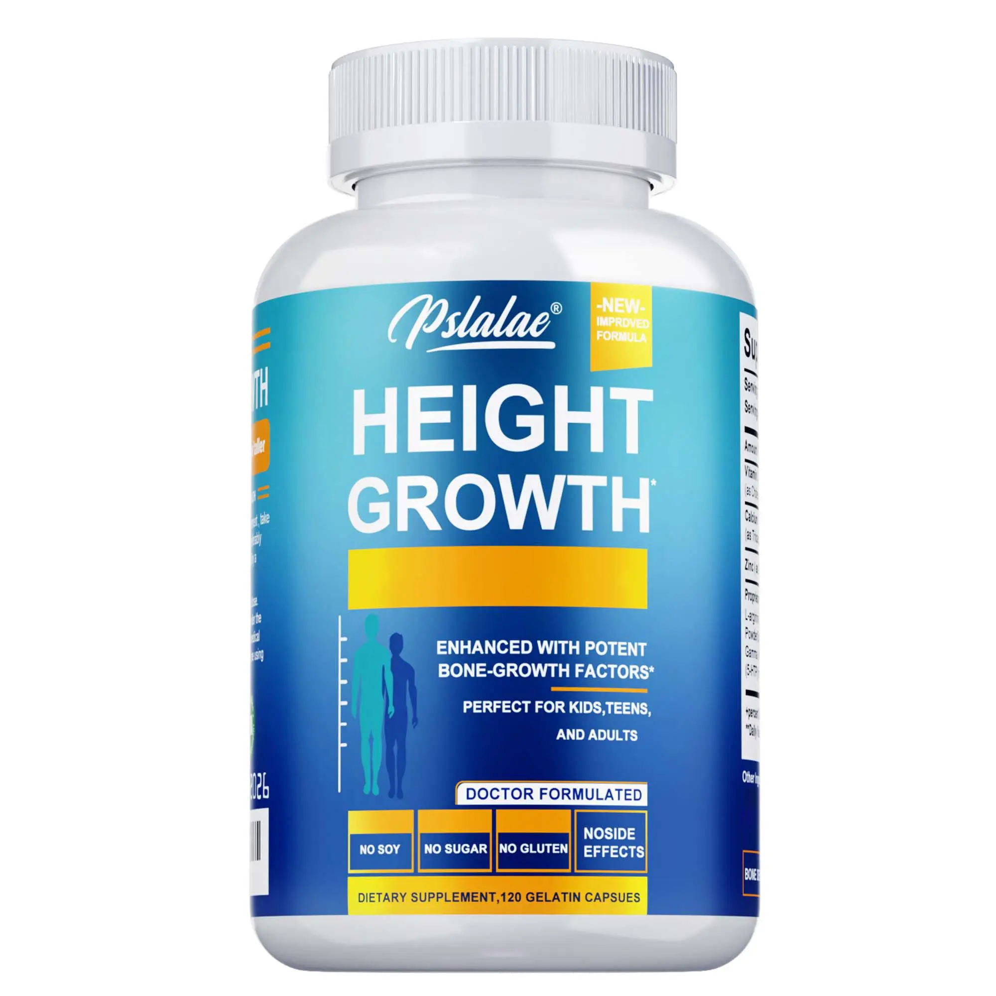 Pslalae Dietary Capsules - A natural height-enhancing formula, rich in Vitamin D, zinc, calcium, glucosamine, and chondroitin - Specially formulated for those with calcium deficiency to supplement calcium and promote height growth - 60/120 capsules.