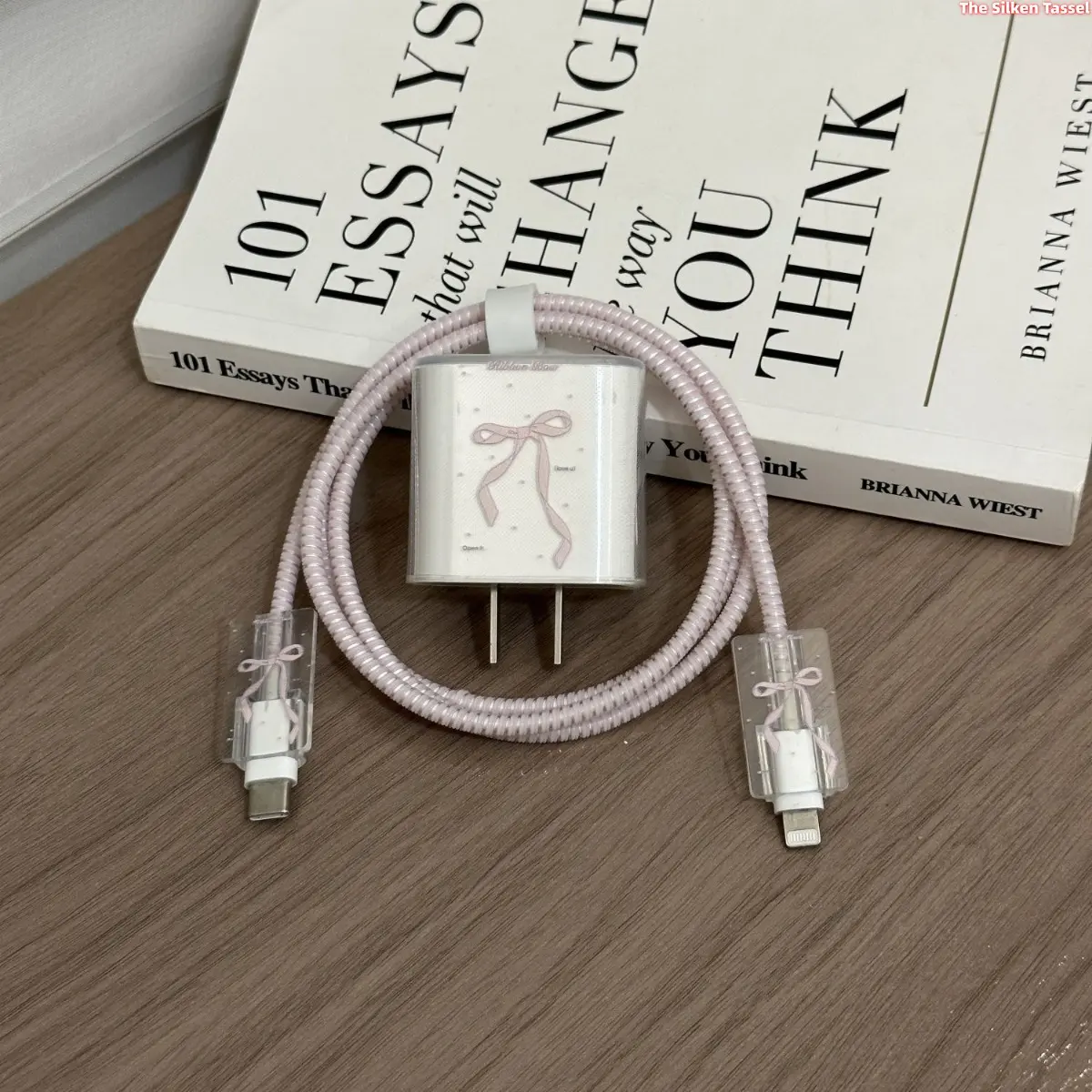 4 In 1 Pink Ribbon Bow Clear Charger Protective Cover Fit 20W iPhone USB-C Fast Charger, Full Protection Anti-Break Cable Spring Tube + Cord Fix Strap, Sweet Aesthetic Phone Charger Decor Accessory for Women tiktokshopbacktoschool