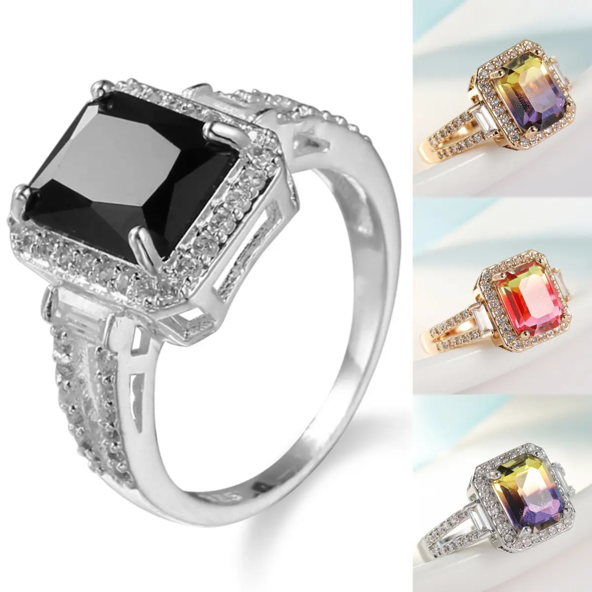 Women's 925 Silver Elegant Pave Band Engagement Ring - Radiant Cut Mystic Topaz, Luxury Black Spinel, Baguette Side Stones - Sports & Outdoor Accessory, Anniversary Gift, Elegant Ring