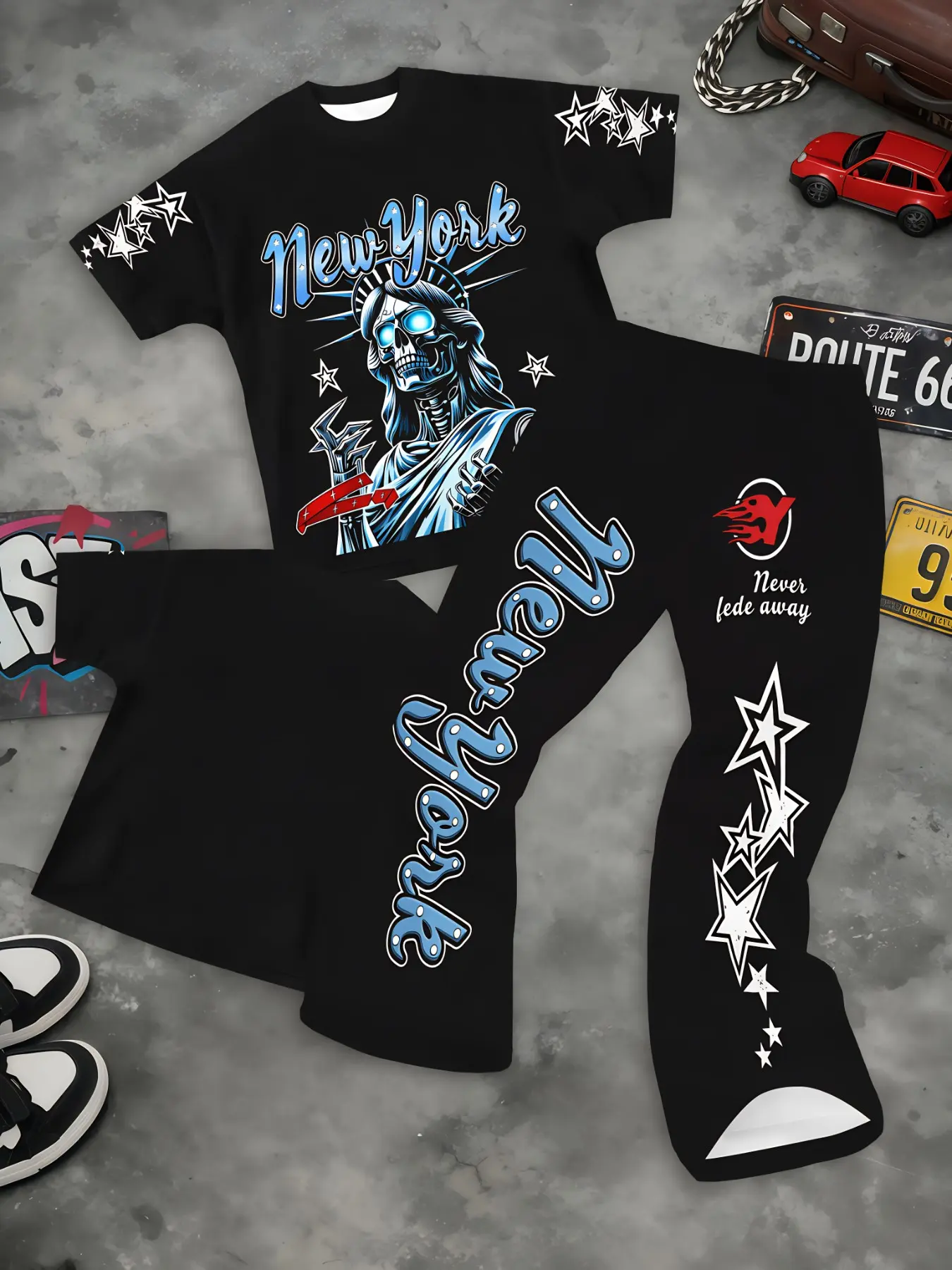 Retro Punk NY Skull Matching Outfit Oversized Soft Short Sleeve Top Star Curved Trousers Breathable Fabric Night Out Street Wear Popular Viral Dark Y2K Men Outfit