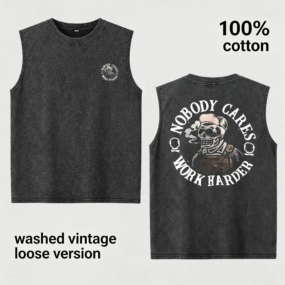 Vintage Washed Loose Men’s 100% Cotton Sleeveless Tank Top, Nobody Cares Work Harder Blue Collar Skull Double-Sided Graphic Muscle Vest, Distressed Retro Cut Off Sleeveless T-Shirt, Soft Breathable Grunge Streetwear, Ideal Gift For Boyfriend Husband Dad F