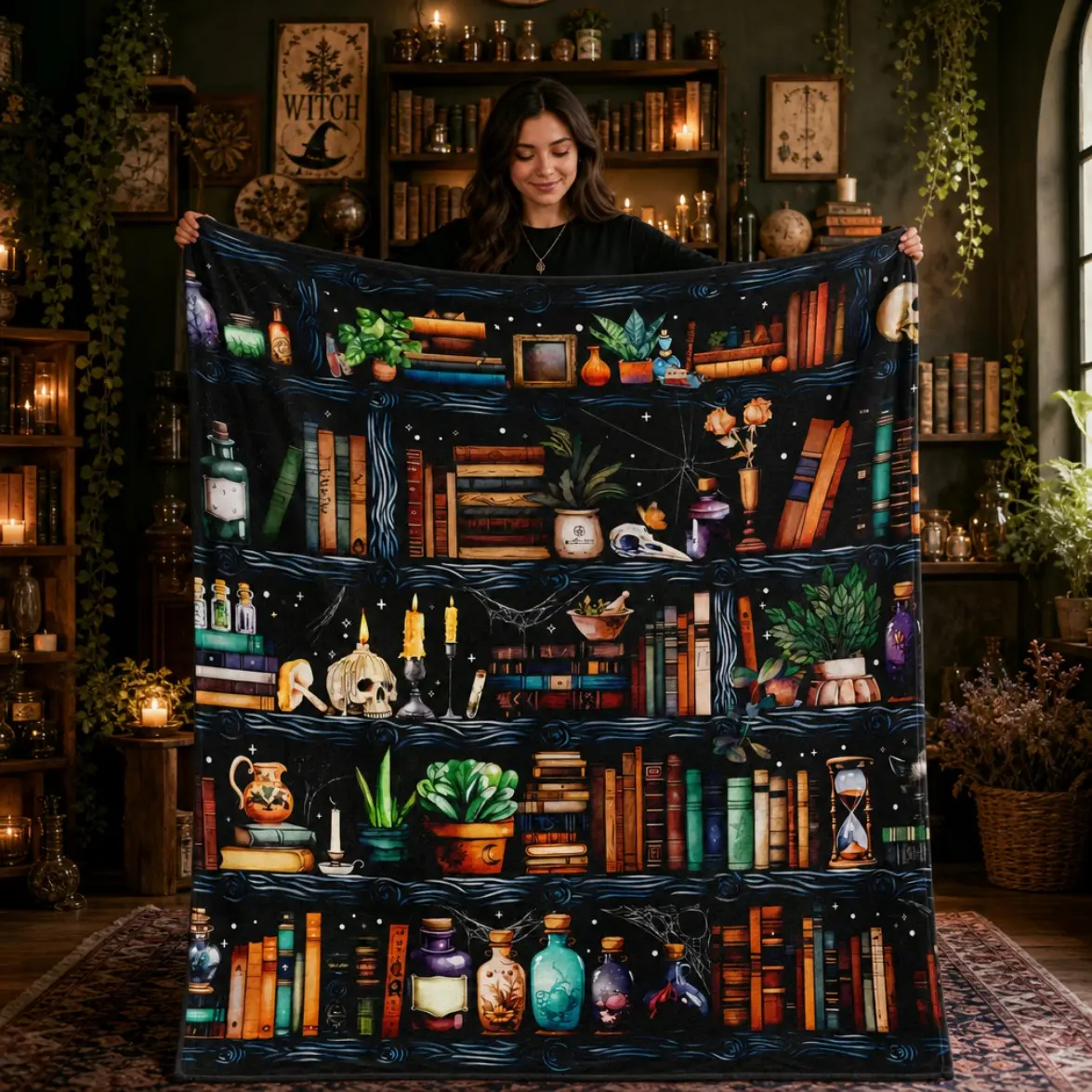 Book Lover Halloween Flannel Throw Blanket Witch Bookshelf Skull Black Cat Flannel Blanket Soft Cozy For Women Couch Bed Home Decor Gift