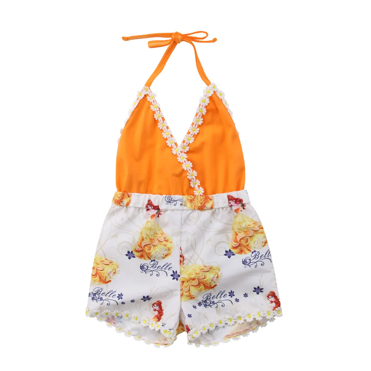 Toddler Girl Summer Belle Princess Romper Halter Tie Neck Daisy Lace Trim Cartoon Print Elastic Waist Short Jumpsuit Casual Outfit