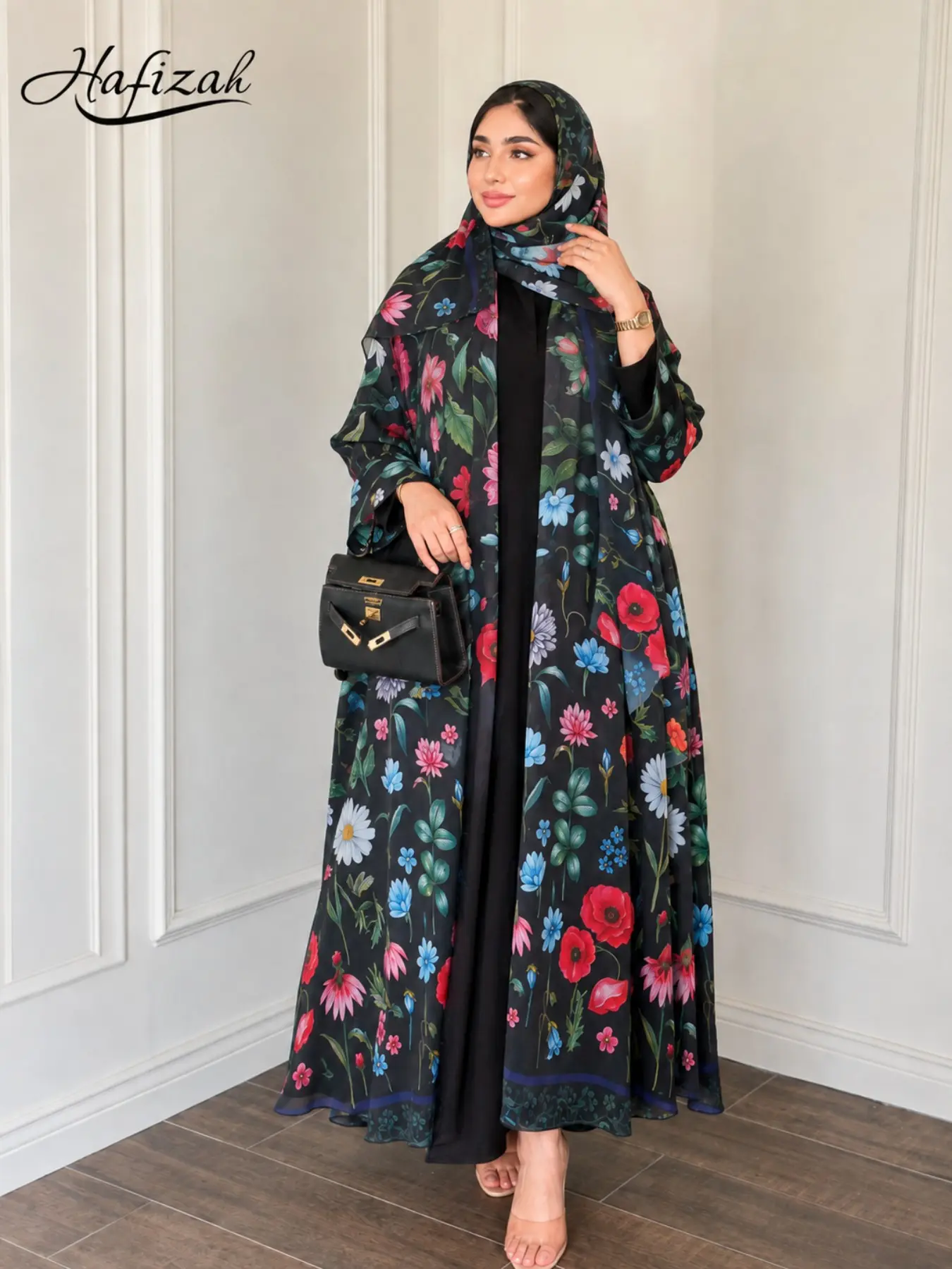 Women's Floral Print Abaya, Loose Fit Chiffon Long Robe, Muslim Fashion Elegant Prayer Dress, Matching Headscarf Included