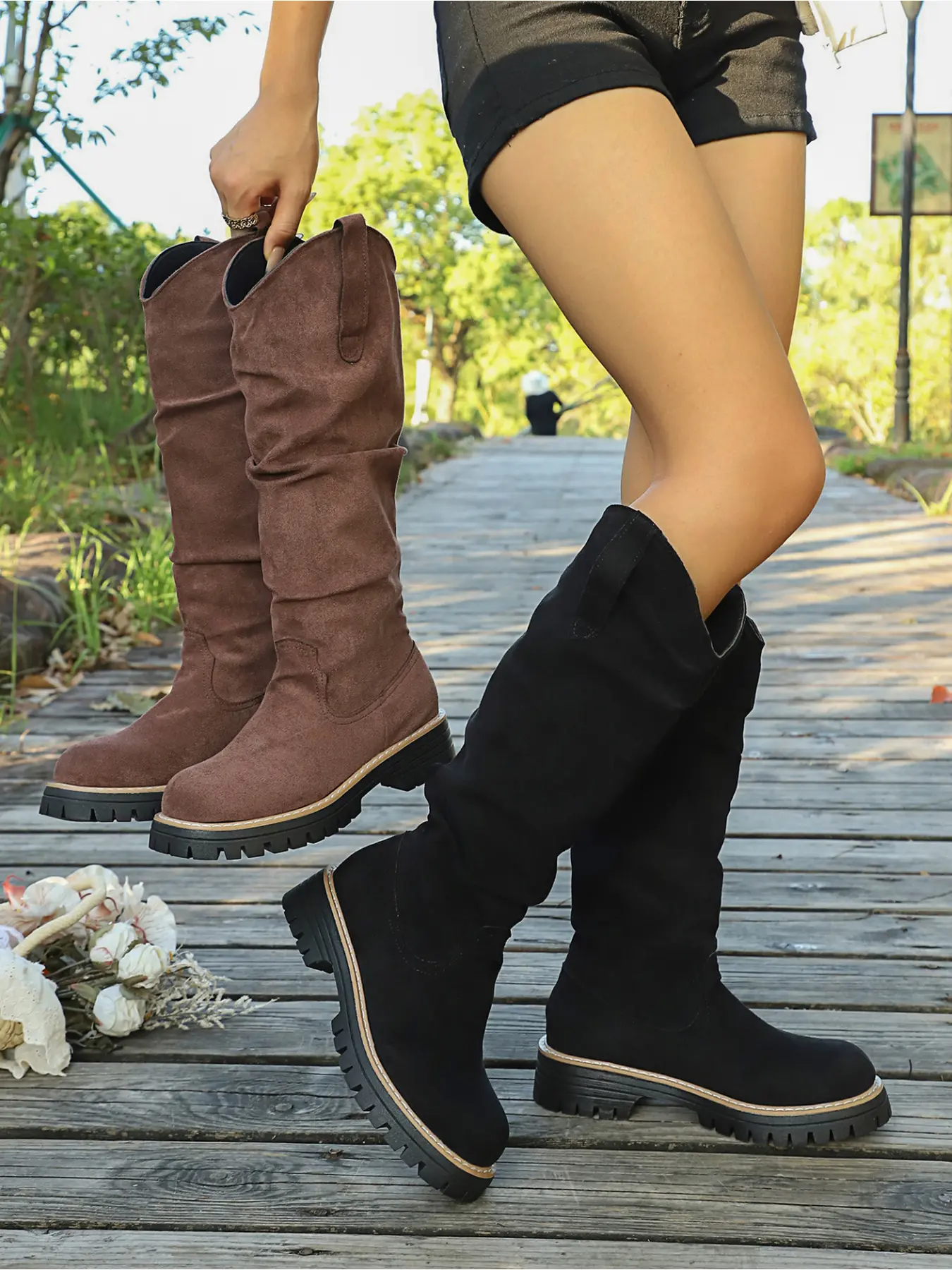 English: Ladies' Shoes Vintage Suede Slouch Knee High Western Boots, Round Toe Lug Platform Sole Pull On Cowboy Tall Boots For Daily Street Outfits