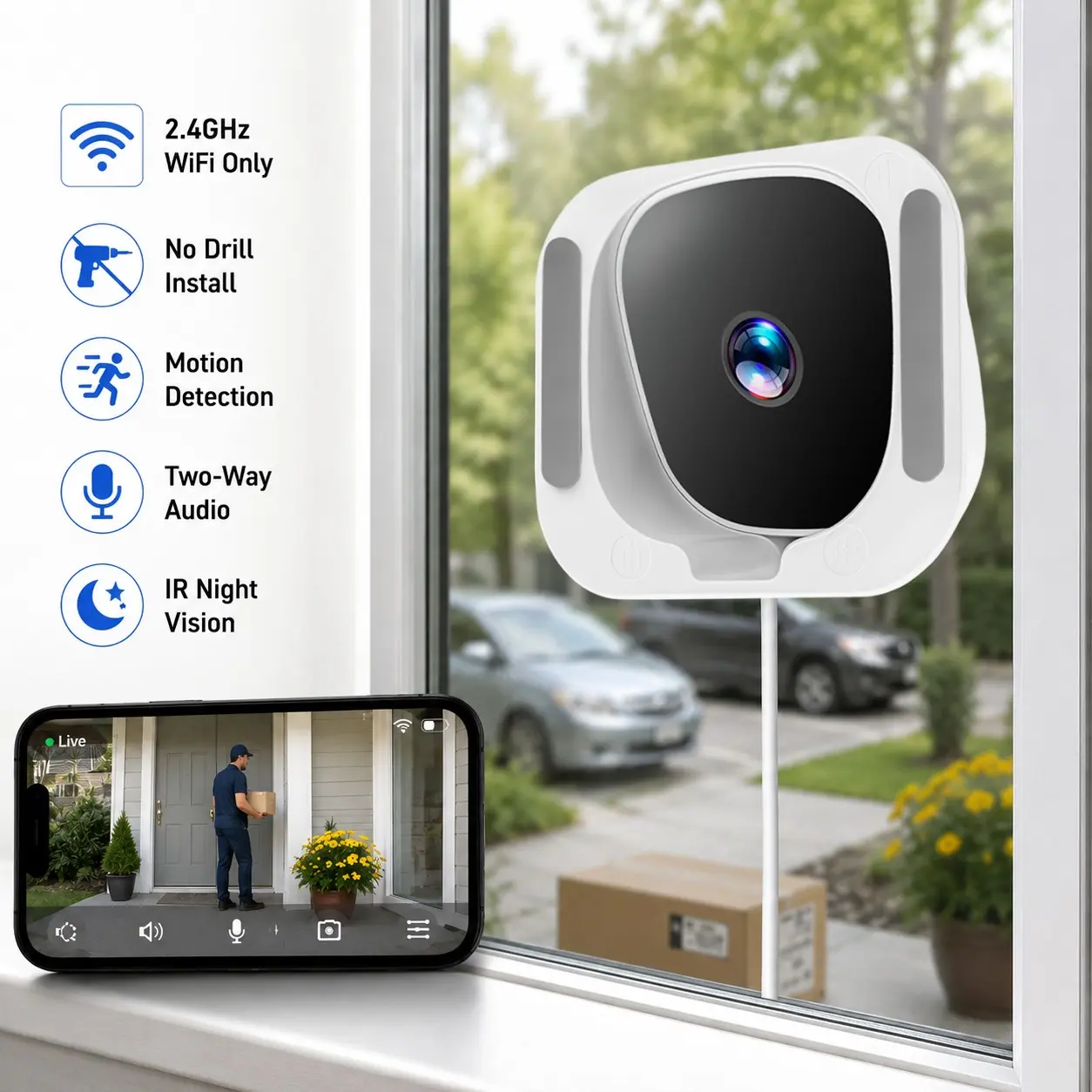 Window Security Camera, Indoor 2.4GHz WiFi Camera with Motion Detection, Two-Way Audio and IR Night Vision, Ideal for Front Door, Package and Pet Monitoring, Window Cameras for Home Security