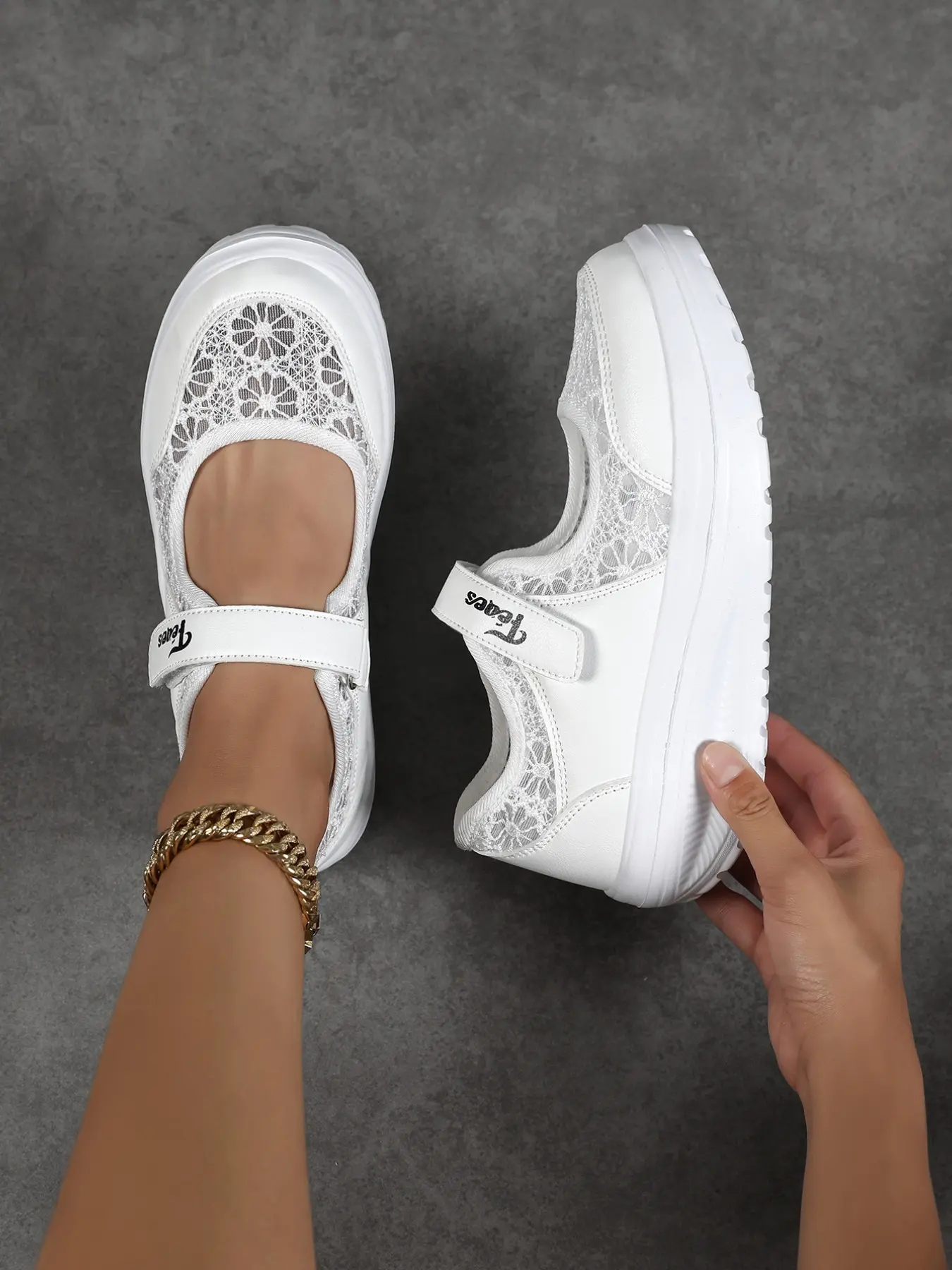 Women's Floral Lace Mary Jane Sneakers, With Lace, Wide Round Toe, Adjustable Velcro, Eva Sole, Breathable, All Season, Casual Comfort Shoes, Low Top Shoe