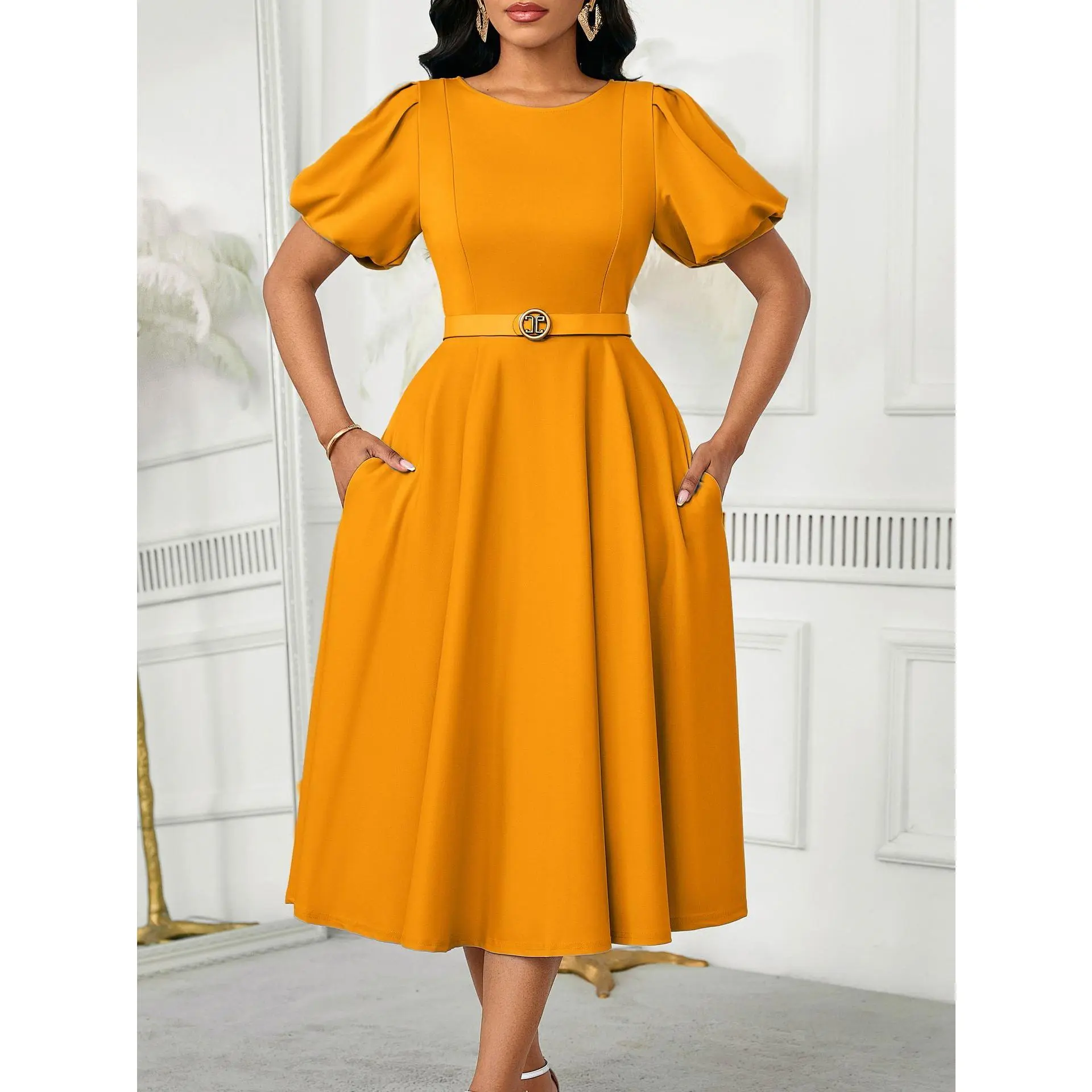 Women's Camel Bubble Sleeve Mid-Length A-Line Dress - Slim-Fitting, With Waist Belt, Machine Washable, Elegant Chic Office Clothes, Ideal for Church Weddings, A-Line Cut