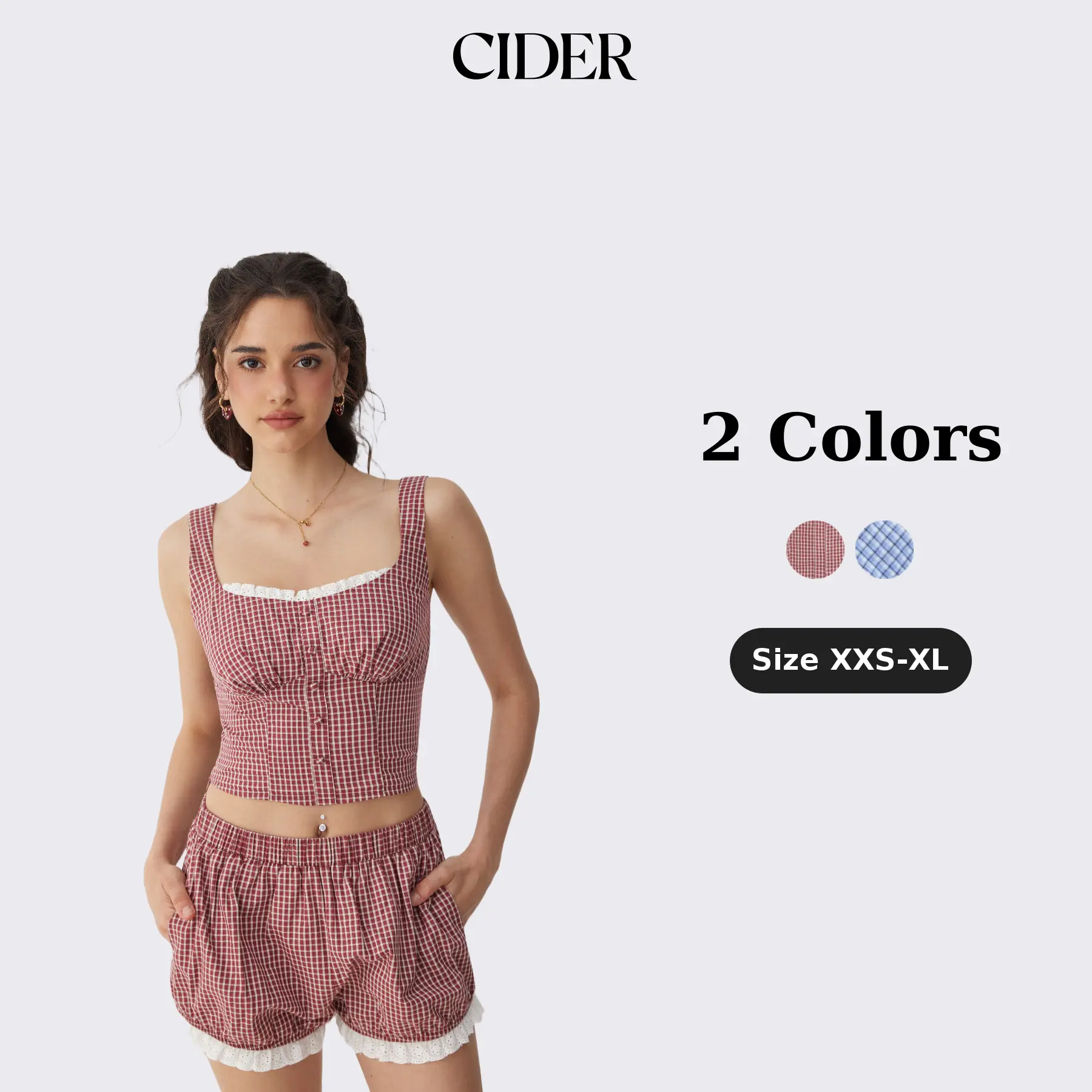 Cider Cotton Square Neck Lace Panel Gingham Top & Mid Rise Bubble Hem Shorts Set