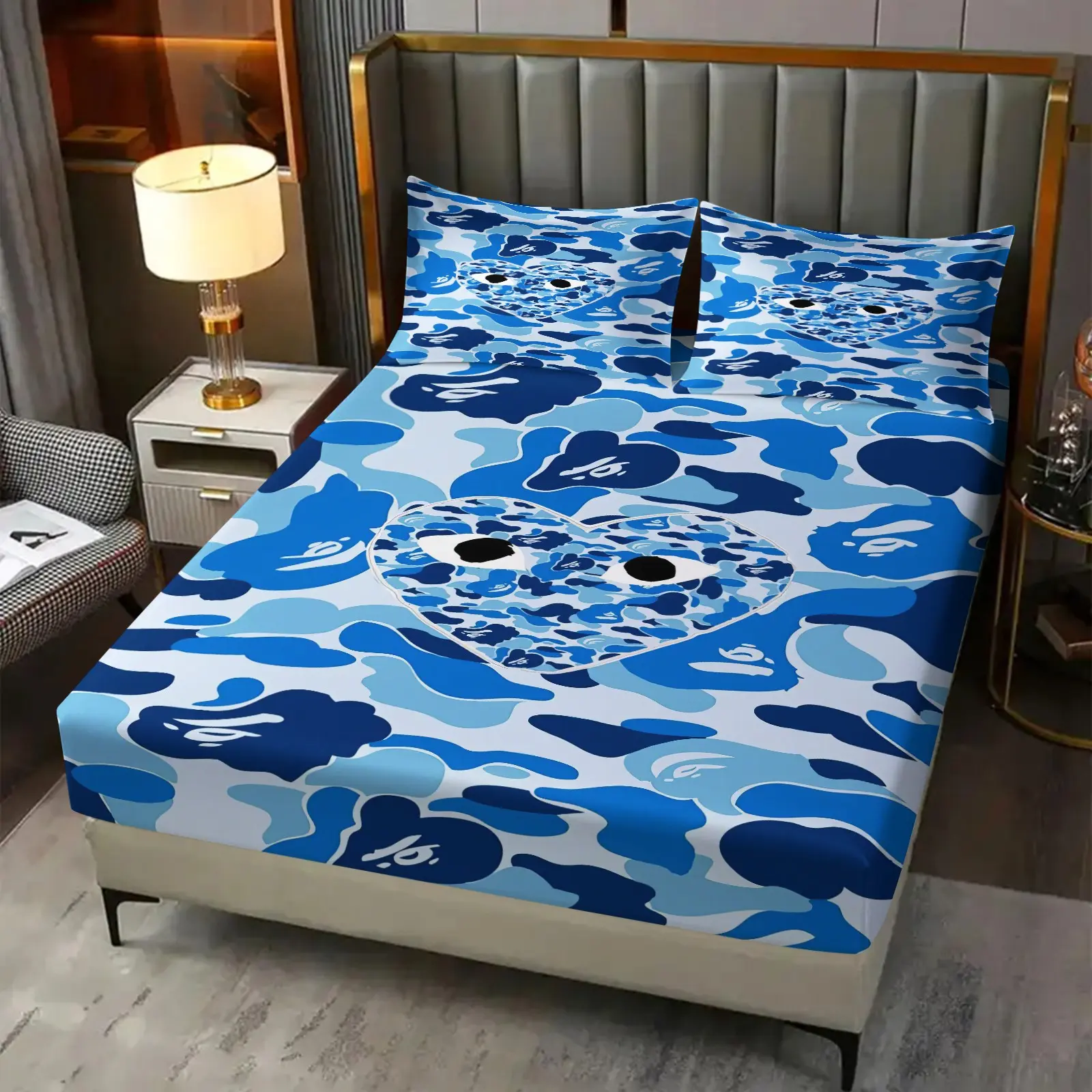 Blue Camo Heart Eyes Pattern Fitted Sheet Set, 3Pcs Digital Print Bedding Set, All-Round Deep Pocket Fitted Sheet, Machine Washable, Trendy Camo Aesthetic Bed Linens for Teen Bedroom Decor, Bedsheet Set. 2 Pillowcase, No Filling