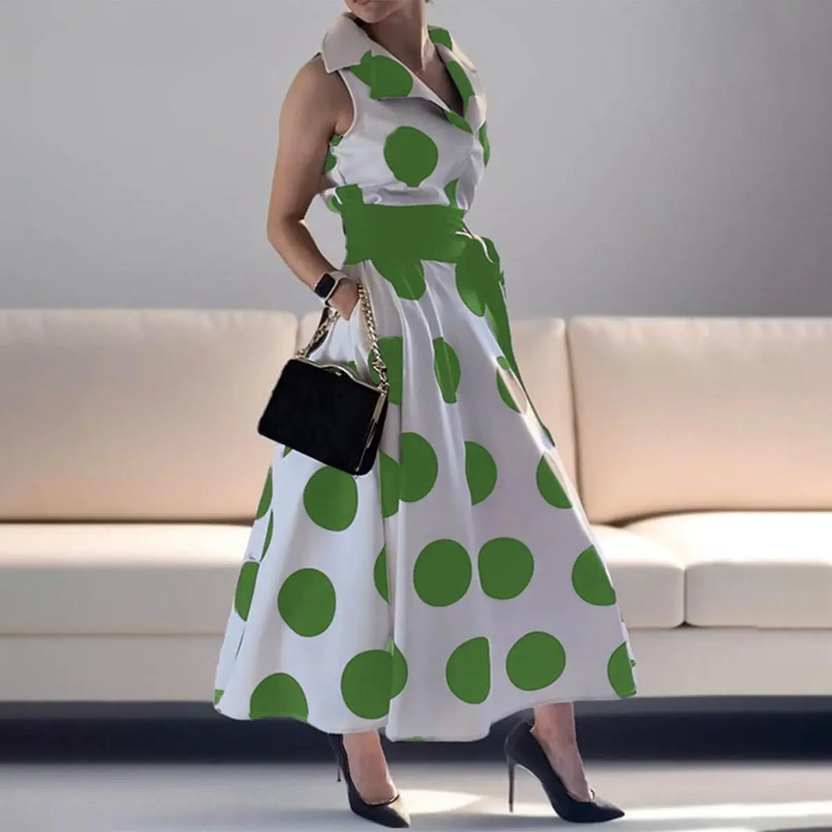 Women's Elegant French Retro Polka Dot Casual A-Line Dress - V-Neck Lapel, Sleeveless, Belted Waist-Cinching Strap, Fitted Polyester, Pocket, Going Out & Banquet Use, Polka Dot Dress, Polyester Spandex, Tied Waist, Everyday, Casual Wear, Retro Polka Dots
