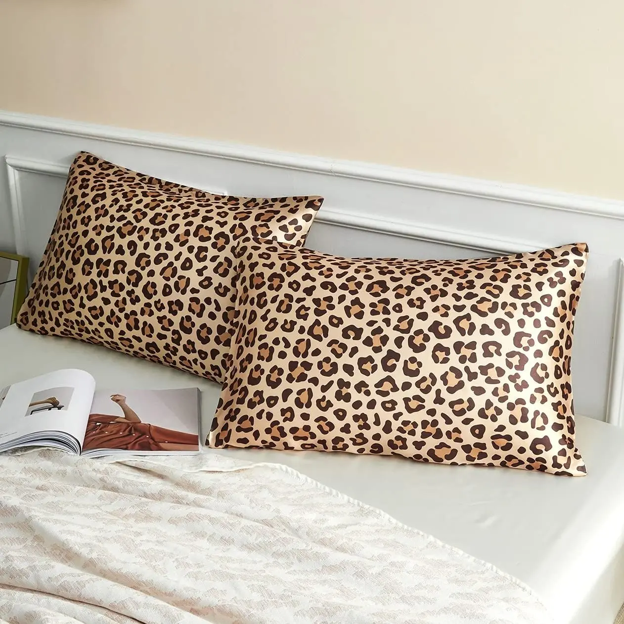 Pillowcase for Hair and Skin, Gold Leopard Printed Pillow Set of 2, Queen Size Silk Pillow Covers for with Envelope Closure