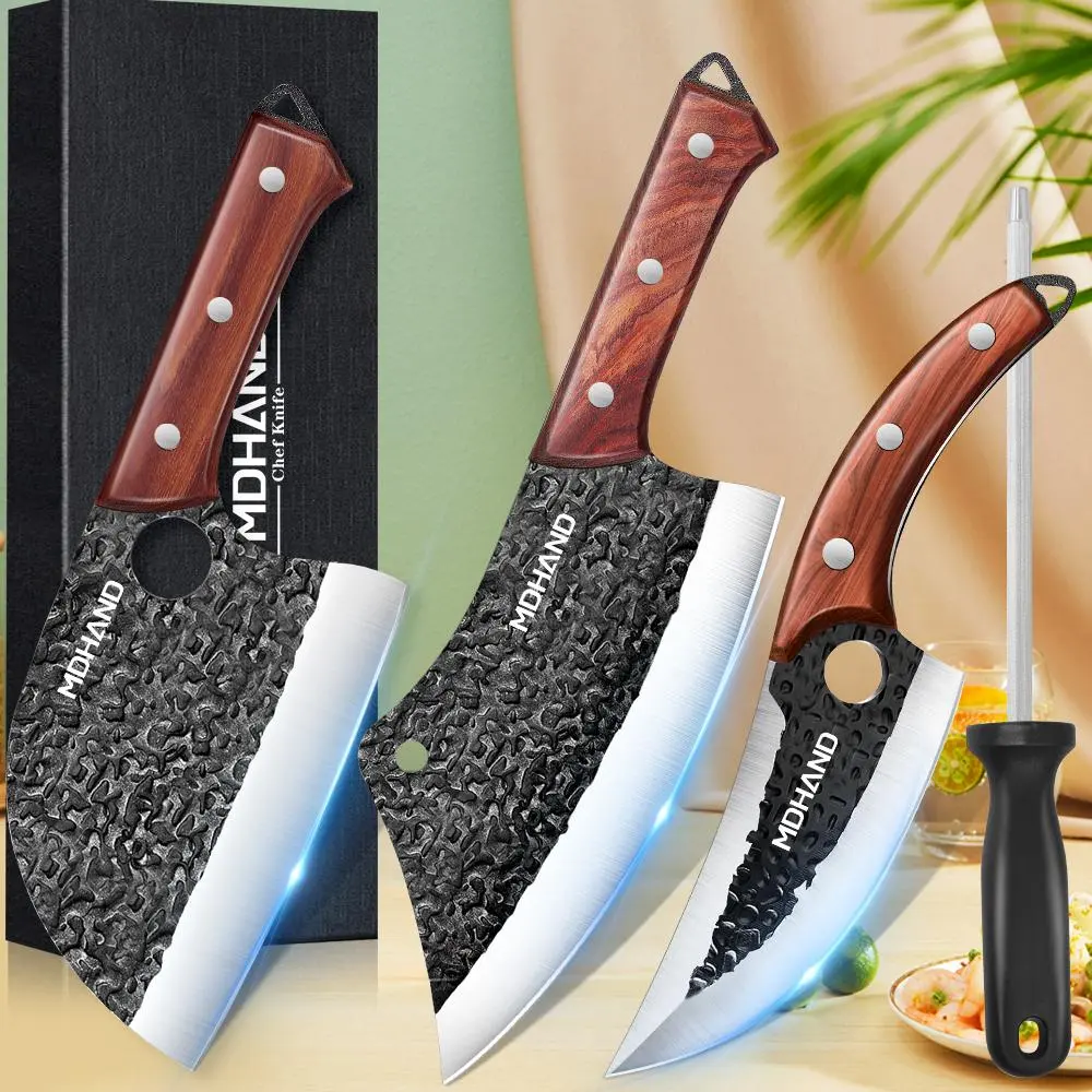 MDHAND 4-Piece Hand Forged Butcher Knife Set With Sharpener Steel Serbian Chef Knife, Meat Cleaver, Viking Knives, For Meat Fruit Vegetable Fish, Best Gift