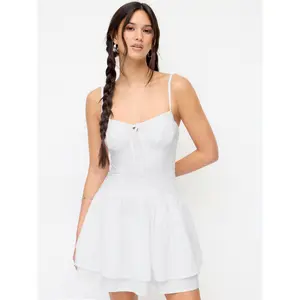 Cider Cotton-blend Broderie Anglaise V-neck Lace Up Ruched A-line Mini Dress Dealsforyou