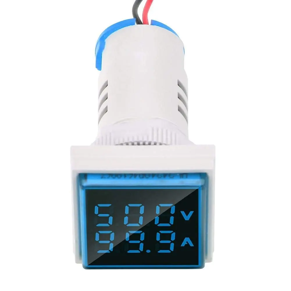 22mm Square Dual-Display Panel LED Voltmeter-Ammeter, AC 0-100A 60-500V Voltage Tester Current Detector Indicator (Blue)