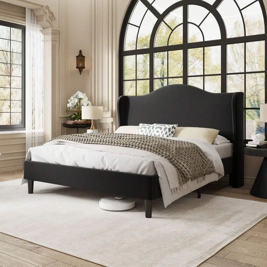 Queen/Full Size Upholstered Winged Platform Bed Frame, 47" High Wings Headboard with Channel Quilt & Plush Velvet, Modern Minimalist Supportive Design, No Box Spring Needed, Tool-Free Assembly, Black