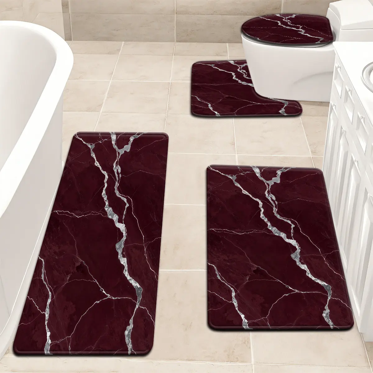2D Flat 2/3/4Pcs Burgundy Silver Vein Marble Flannel Bathroom Mat Set, Non-Slip Quick Dry Water Absorbent Bath Rug, U-Shaped Contour Mat & Toilet Lid Cover, Home Decor Mats for Shower Room, Laundry Room, Bedroom Entryway,Christmas,Santa,soft,Memory,large,