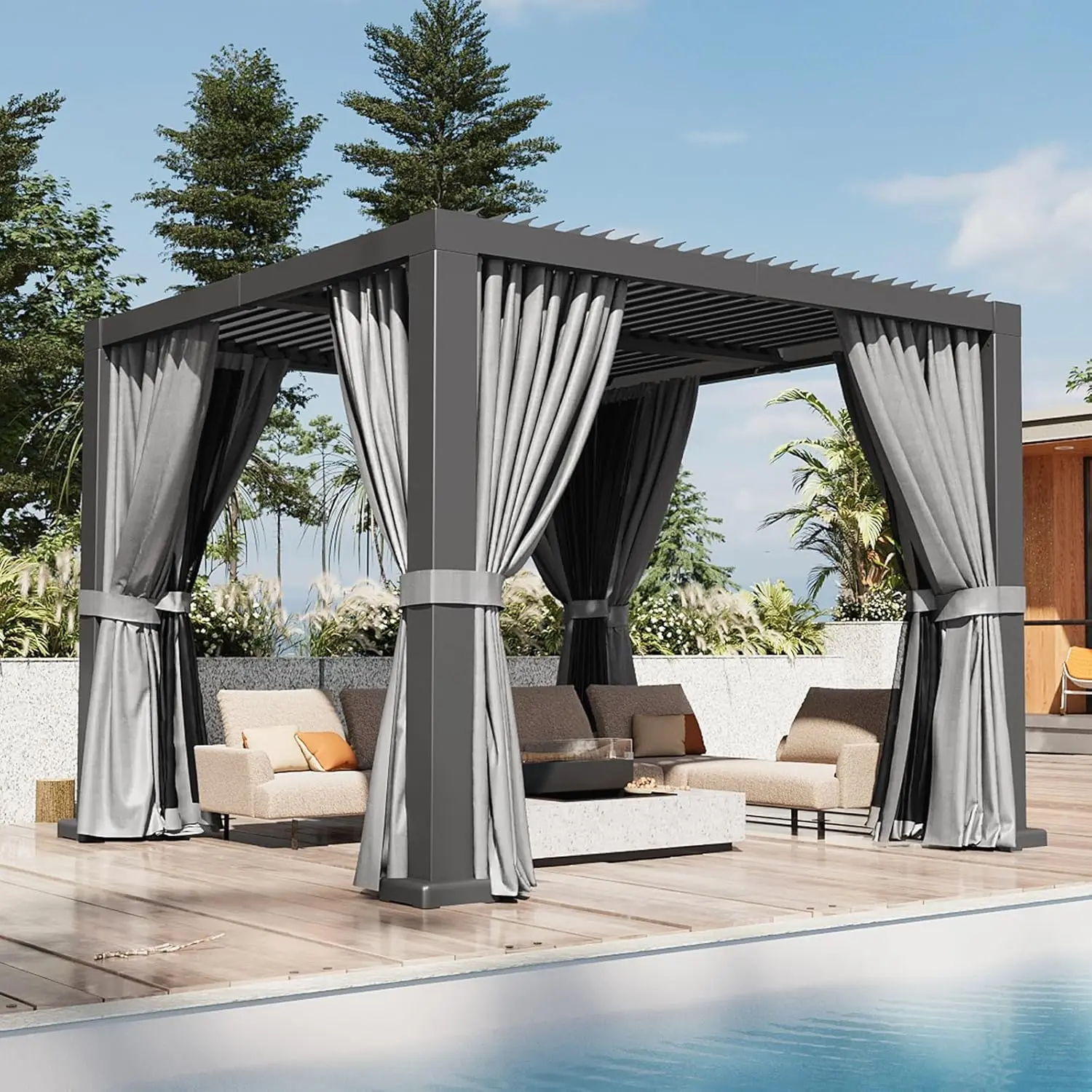 Aoxun Louvered Pergola 10x10 All-Aluminum Outdoor Gazebo with Independent Adjustable Roofs, Waterproof Curtains and Netting, Integrated Drainage System for Patios & Backyard
