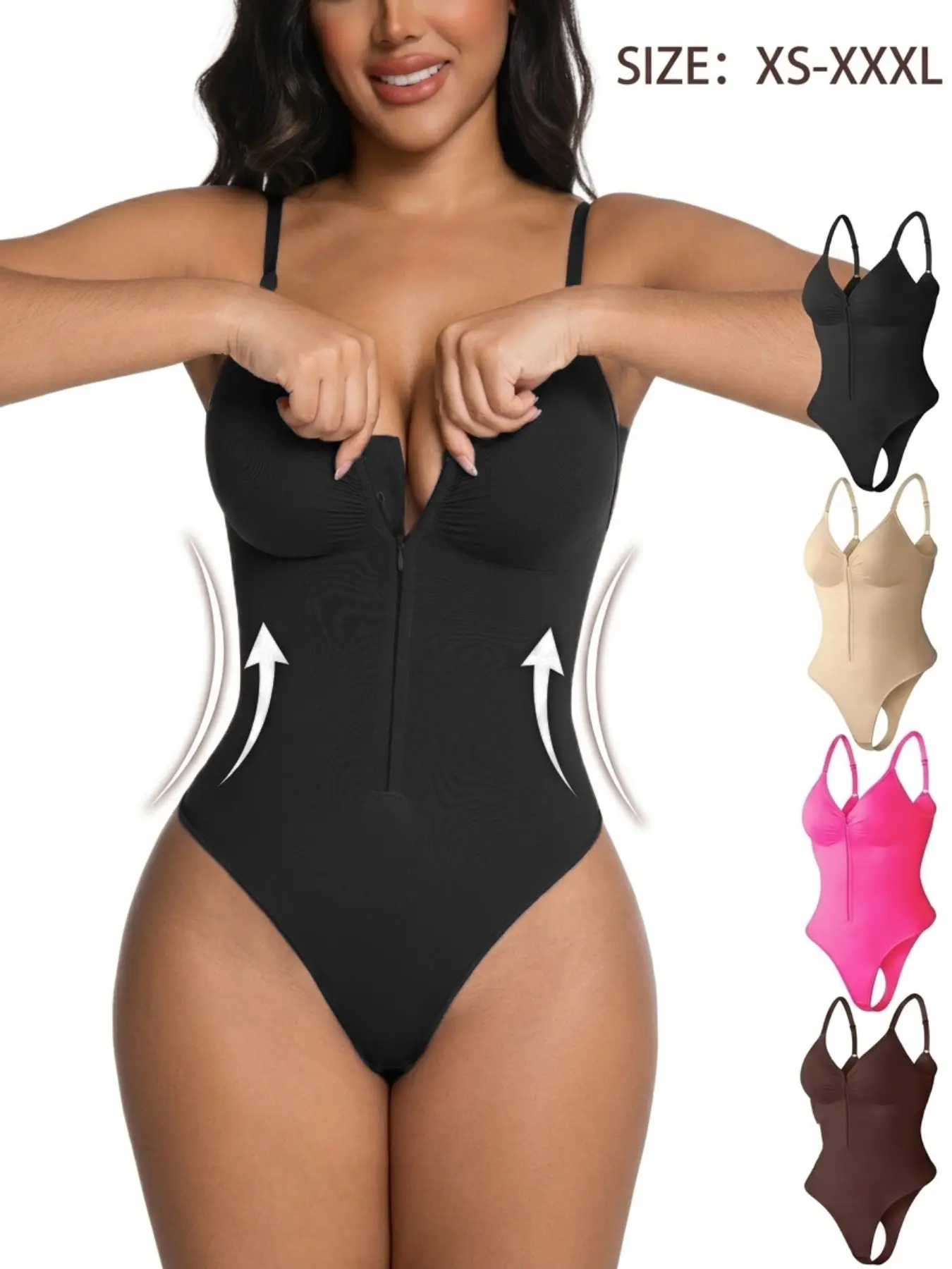 Women's V-Neck Zipper Seamless Shapewear Bodysuit, Tightening Belly Lift Butt, Smooth Fabric, Ideal for Daily Wear, Weddings, Parties