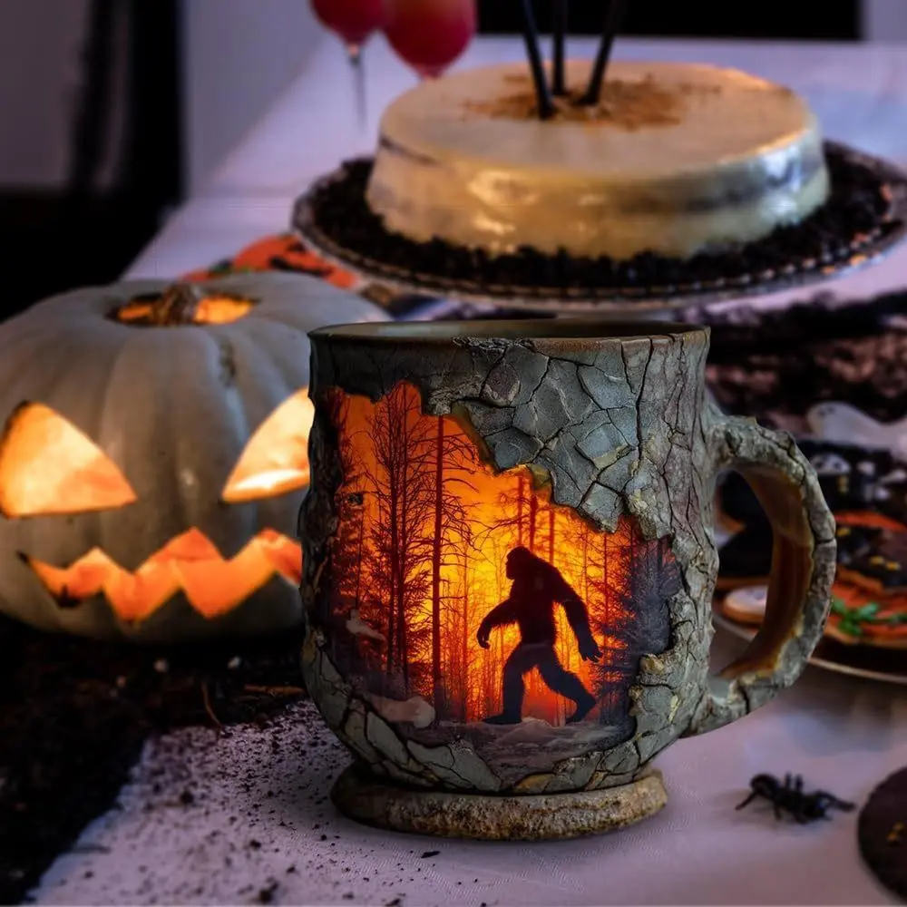 Forest Fire Mug-3D Bigfoot & Halloween Witch Campfire Mug, Vintage Forest Coffee Cup for Camping, Hiking & Home, Halloween Gift for Nature Lovers，halloween gift，party gift