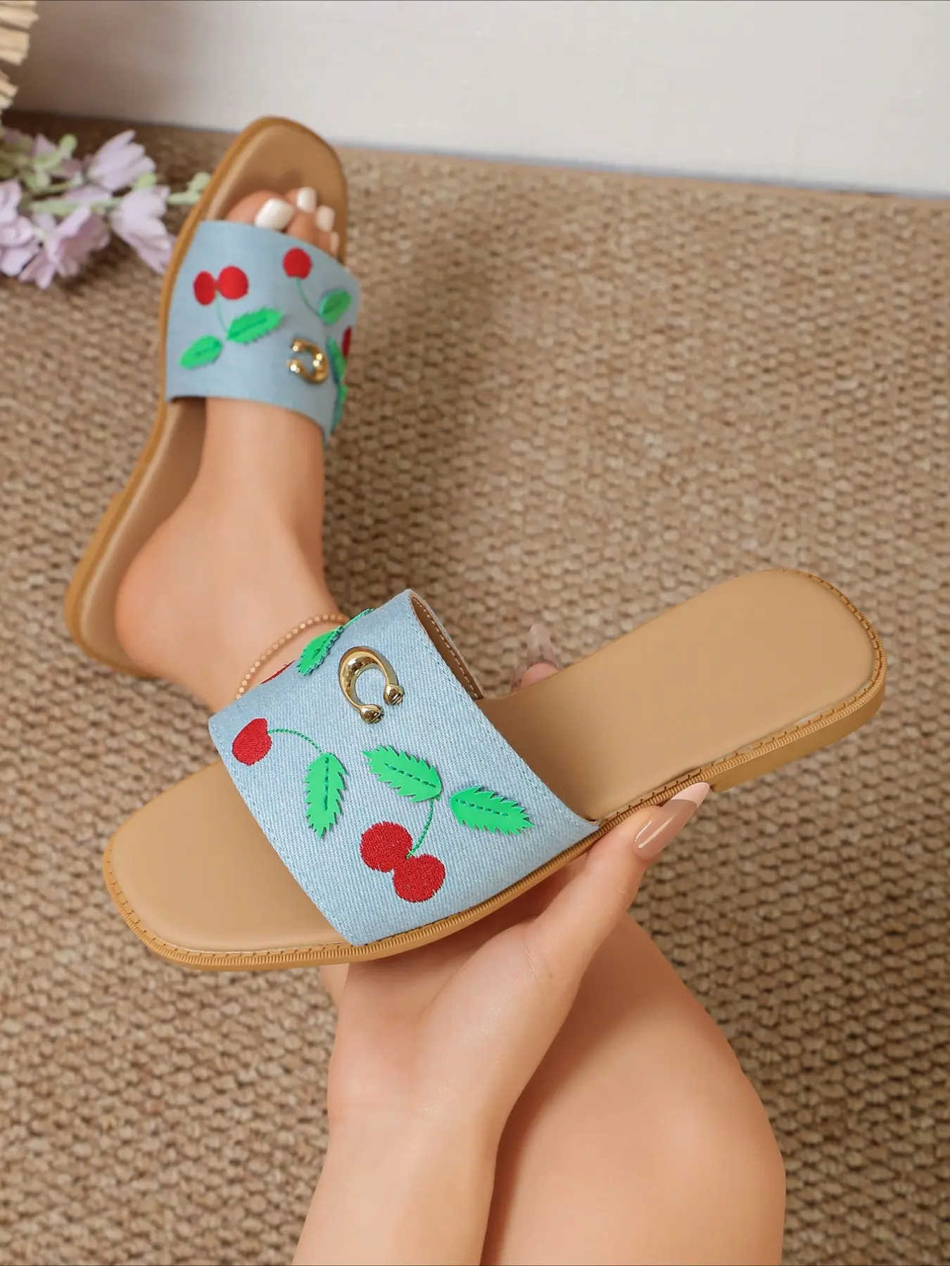 Denim blue flat slide sandals with cherry embroidery and metal ornament, fresh sweet style, soft anti-slip women slippers for outdoor daily wear